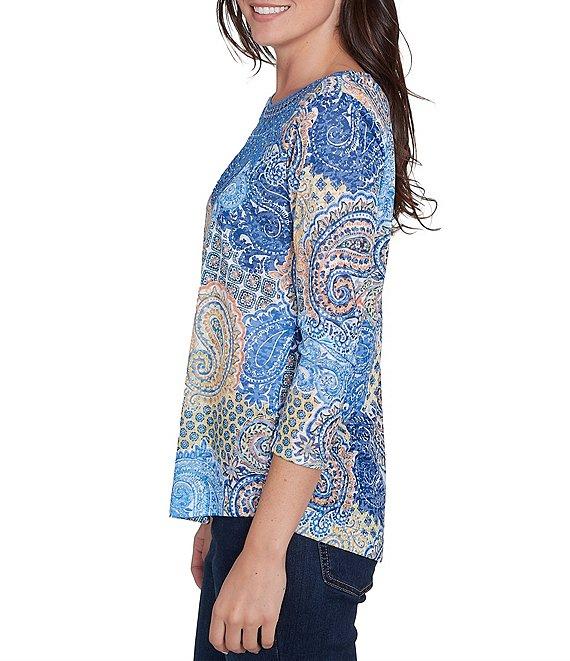 Ruby Rd. Knit Embellished Mixed Paisley Print Metallic Studded Lace Applique Scoop Neck 3/4 Sleeve Top Product Image