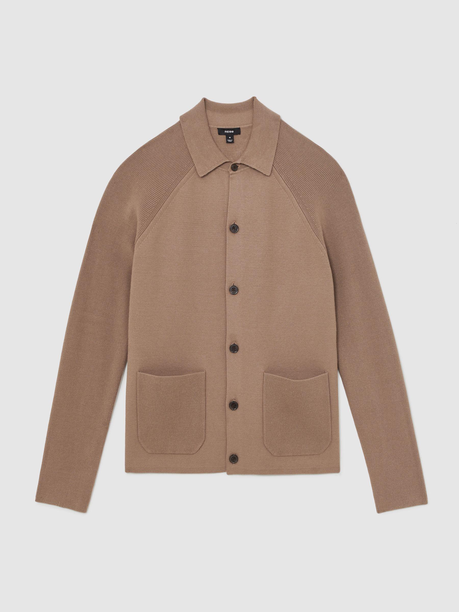 Button-Through Ribbed-Sleeve Shirt in Camel Brown Product Image