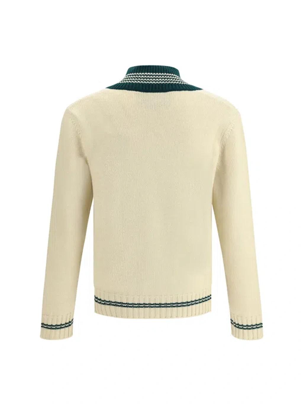 VALENTINO Embroidered V-neck Crewneck Sweater With Ribbed Trim In White Product Image