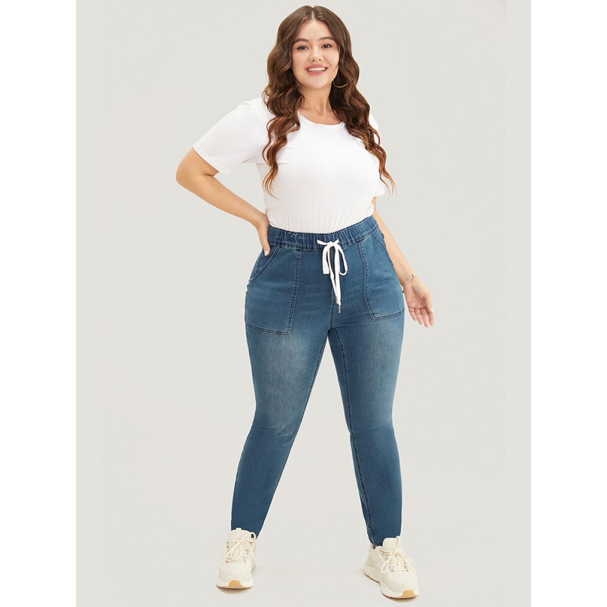 Plus Size Slightly Stretchy High Rise Dark Wash Drawstring Jeans Women DarkBlue Casual Plain Pocket Low stretch Pocket Jeans BloomChic 20/2X Product Image