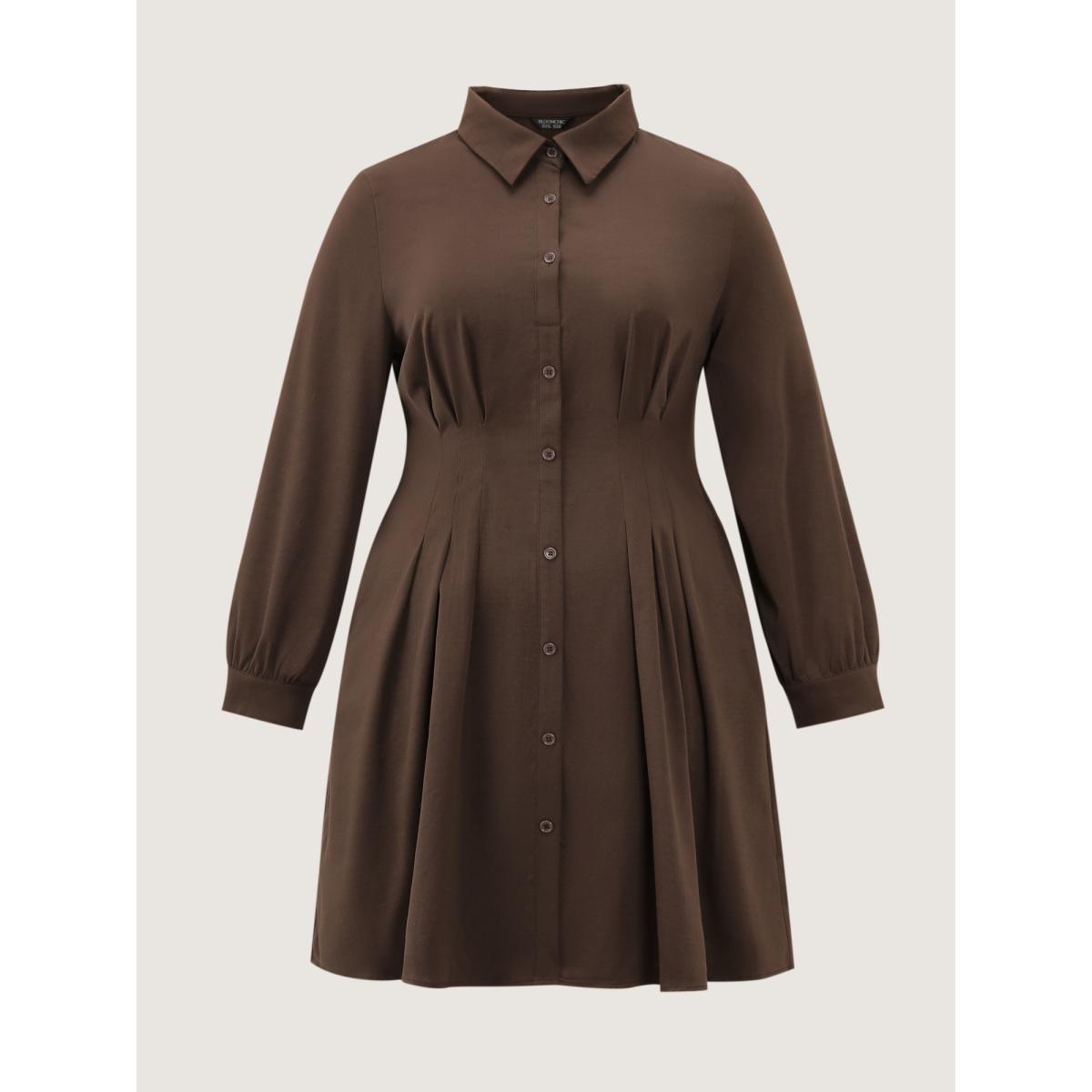 Plus Size Plicated Cinched-Waist Shirt Midi Dress Browncoffeecolor Women Office Shirt collar Long Sleeve Curvy BloomChic 28/5X Product Image