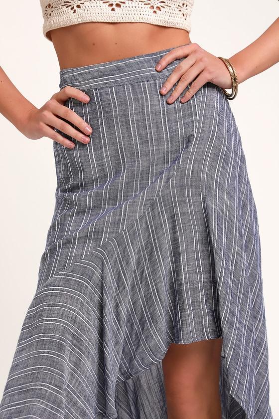 By the Bay Washed Blue and White Striped Ruffled Midi Skirt Product Image
