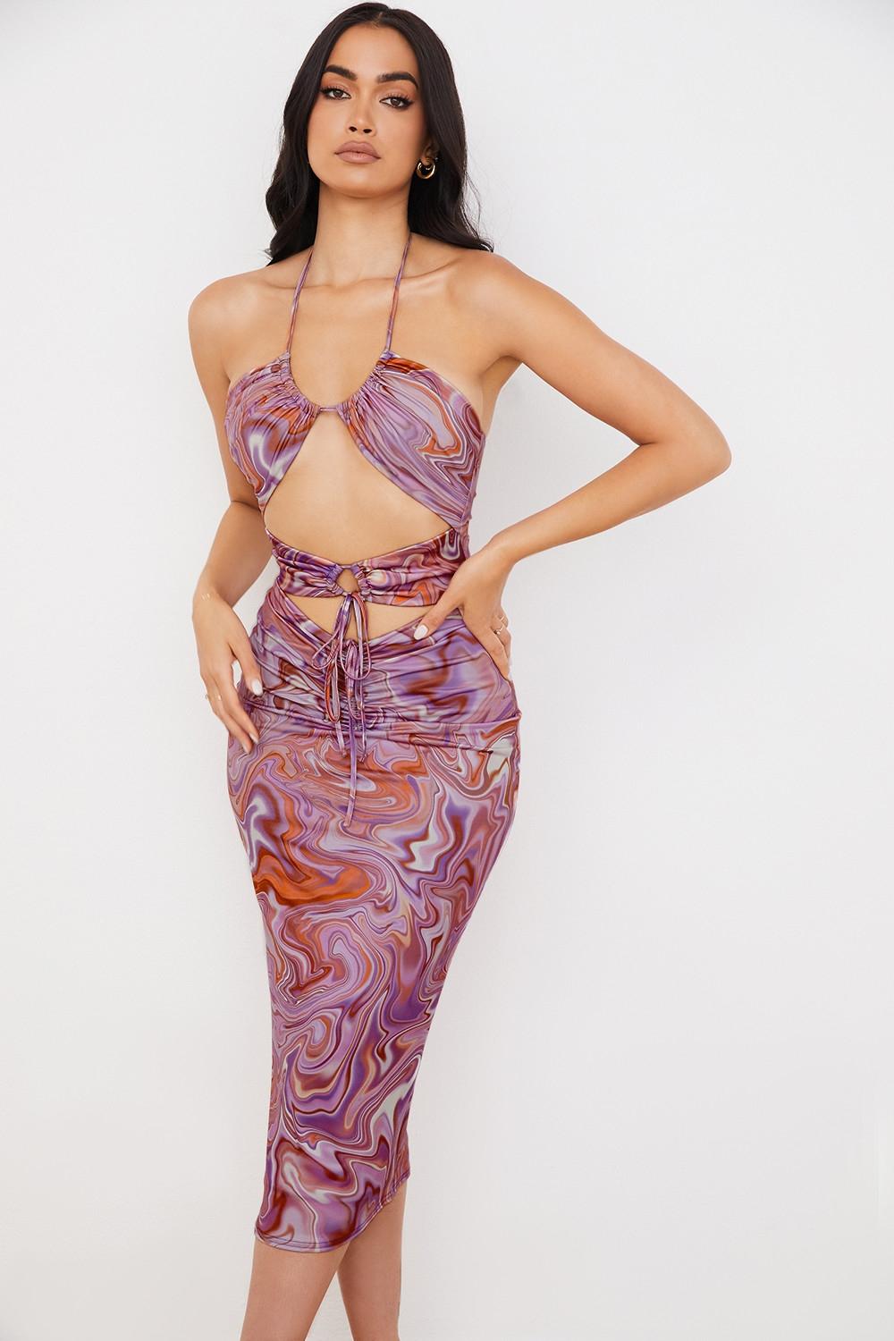 Kasia  purple swirl cutout midi dress Product Image