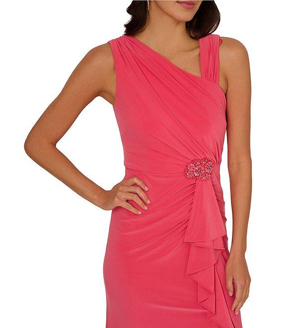 Adrianna Papell Jersey Asymmetrical Neck Sleeveless Ruffle Applique Sheath Gown Product Image