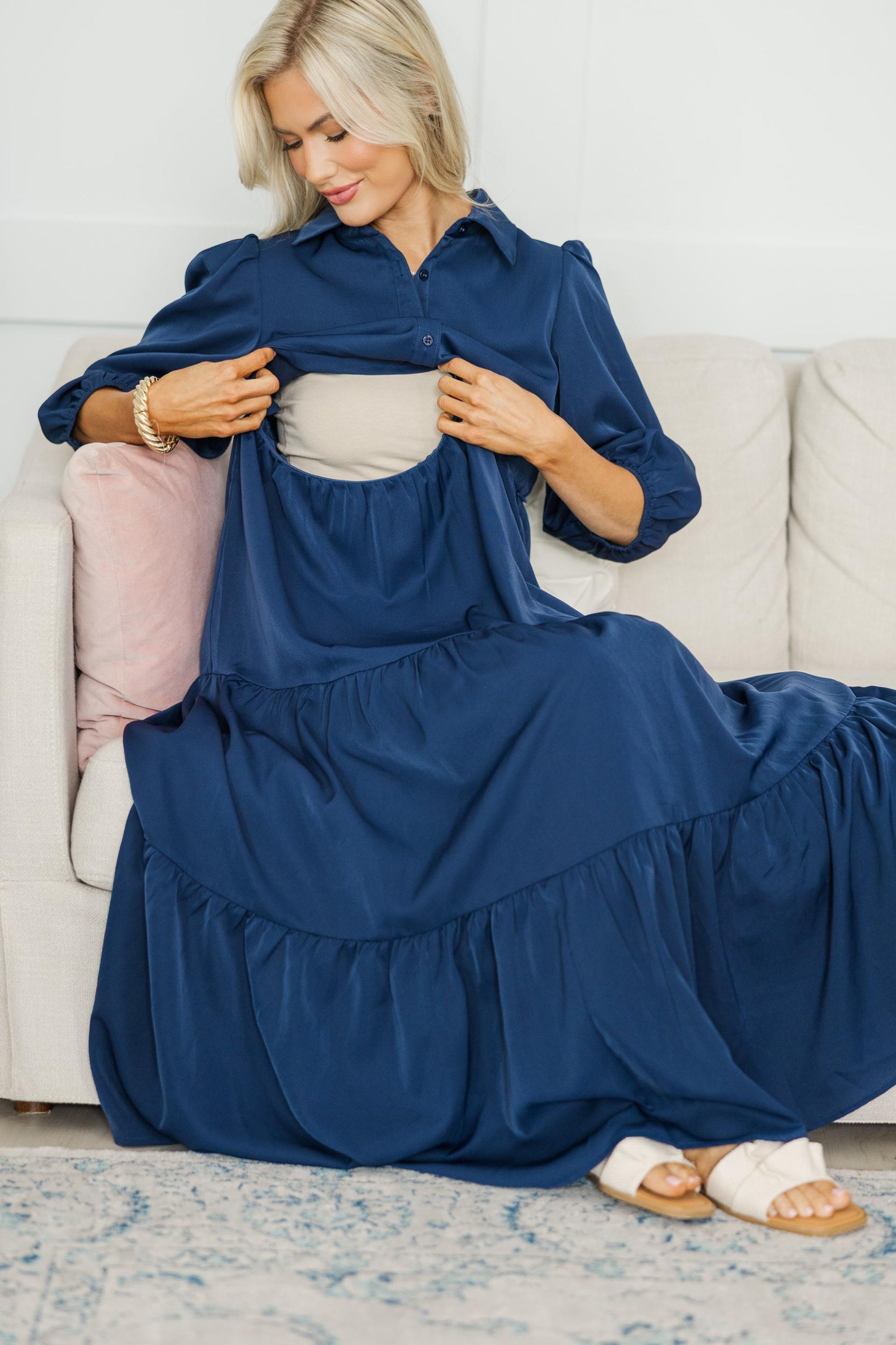 NURSING COLLECTION: Love Found Navy Blue Tiered Midi Dress Female Product Image
