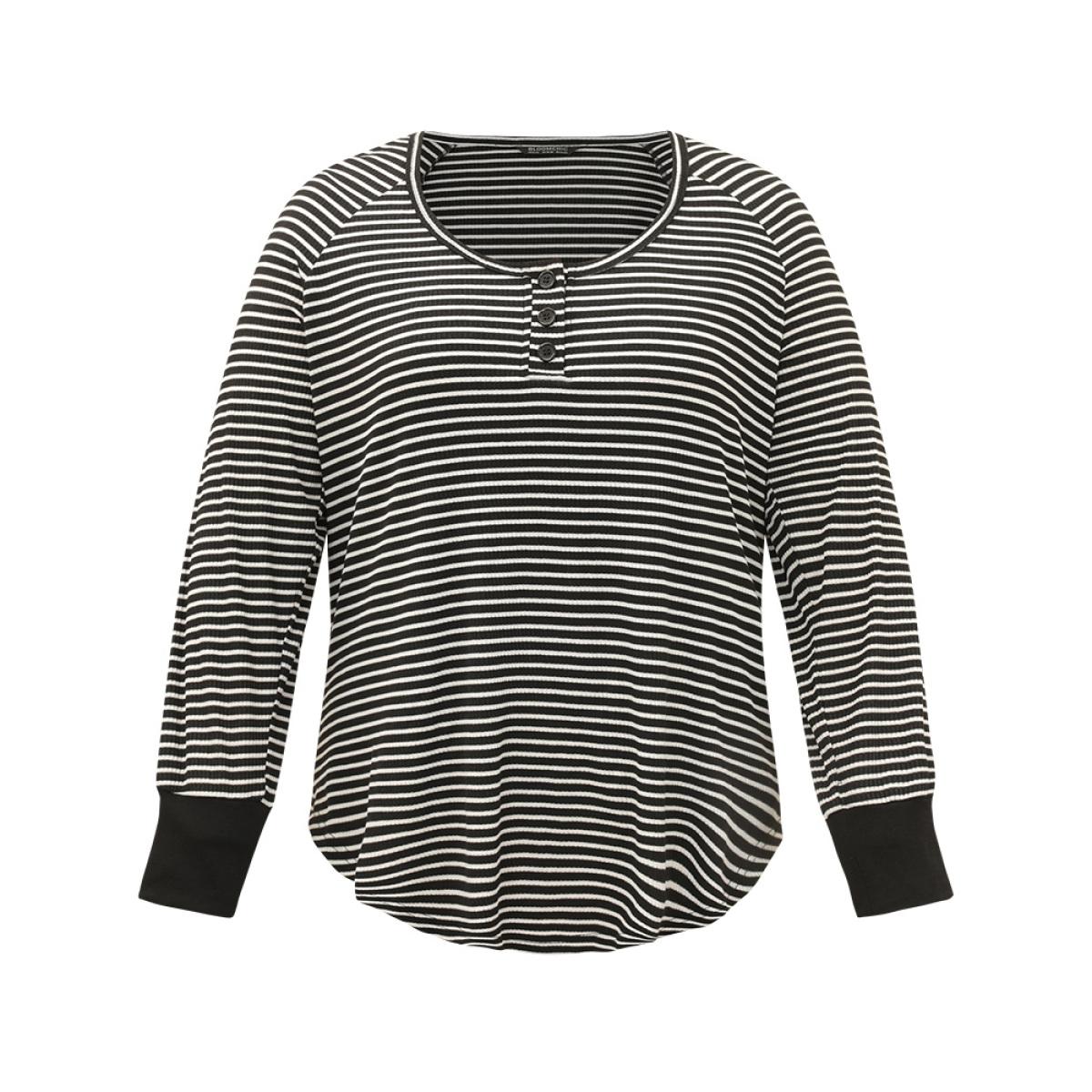 Plus Size Striped Button Up Curved Hem Patchwork T-shirt Black Women Casual Elastic cuffs Striped Open Front Dailywear T-shirts BloomChic 10/M Product Image