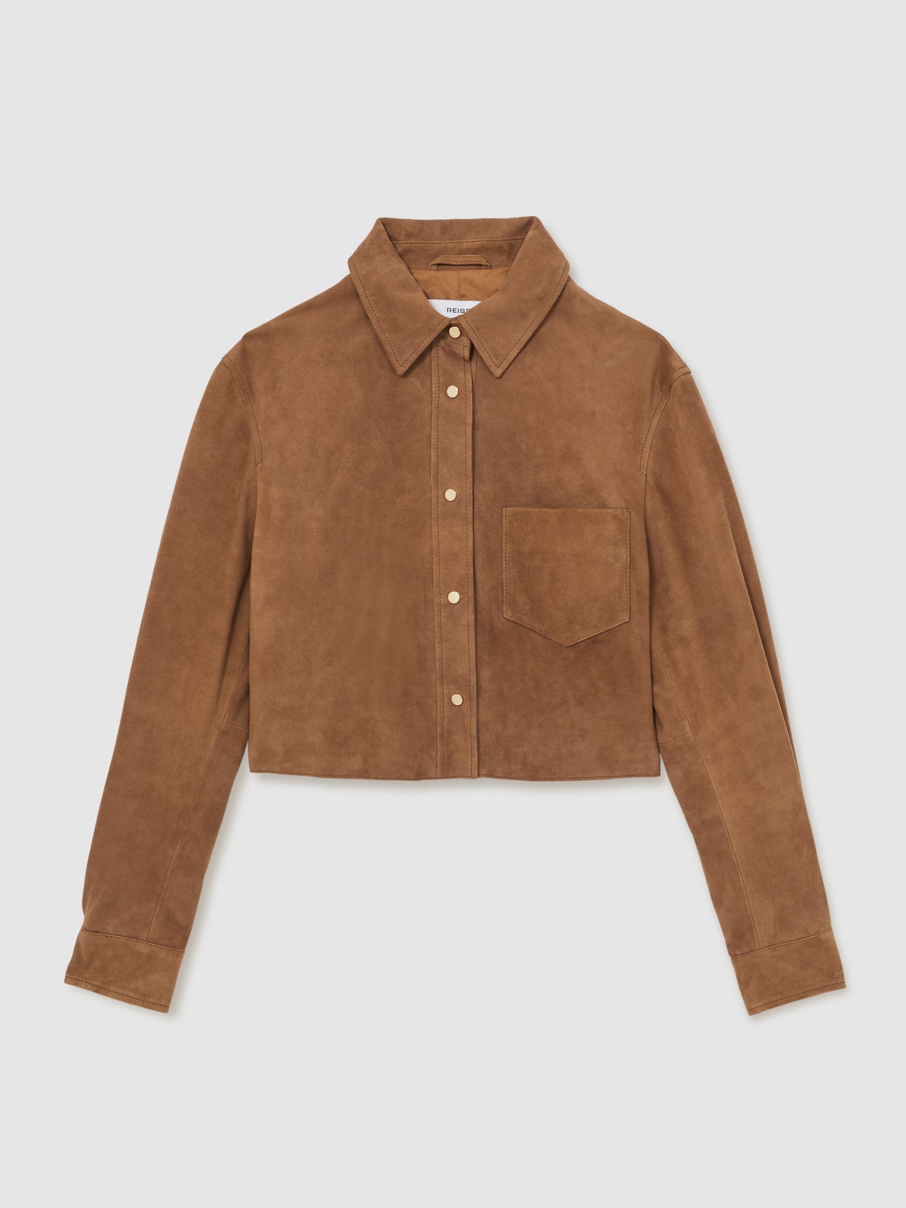 Suede Press-Stud Cropped Shirt in Tan Product Image