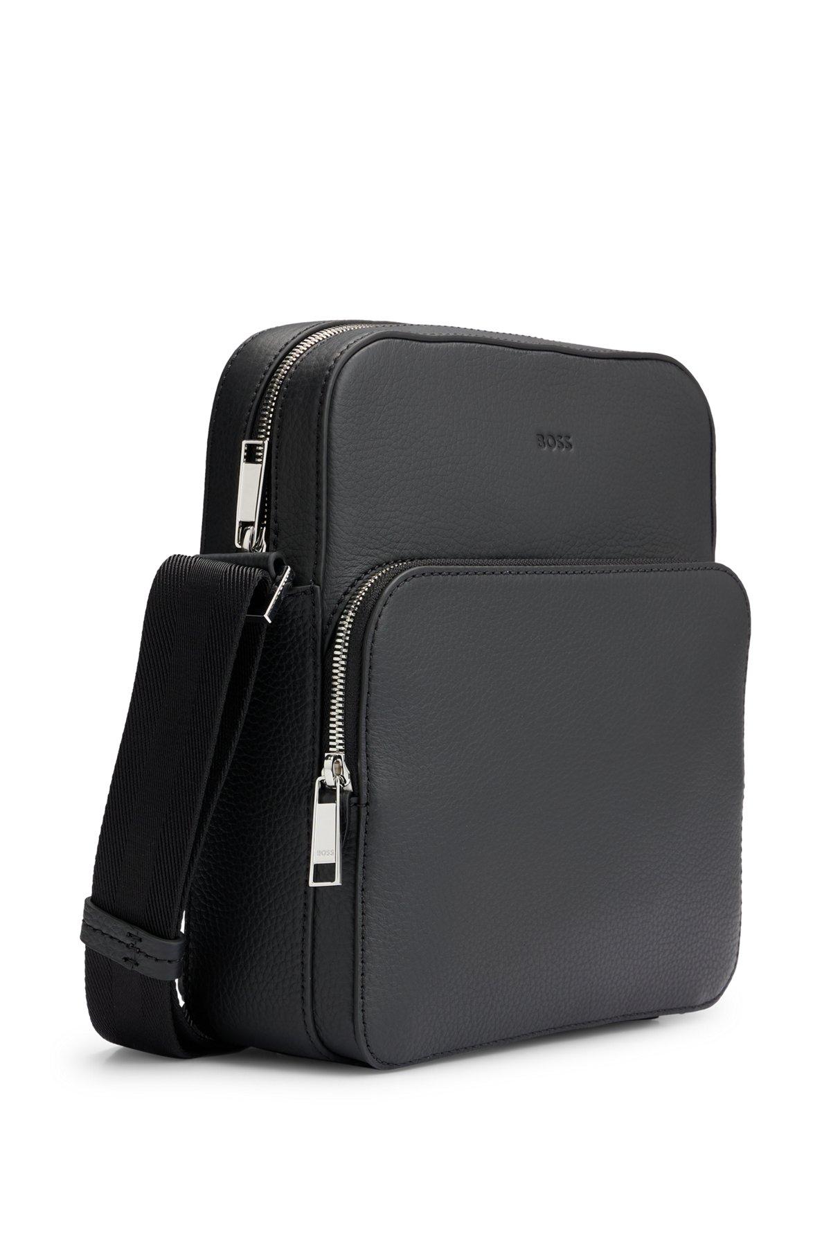 BOSS - Reporter bag in grained Italian leather with embossed logo - Black Product Image