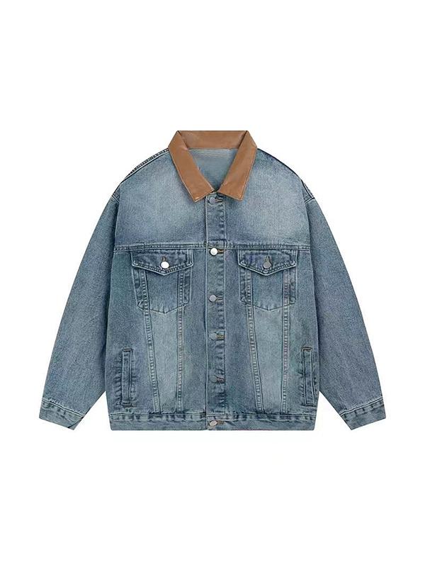 Vintage Contrast Leather Lapel Neck Denim Jacket Product Image