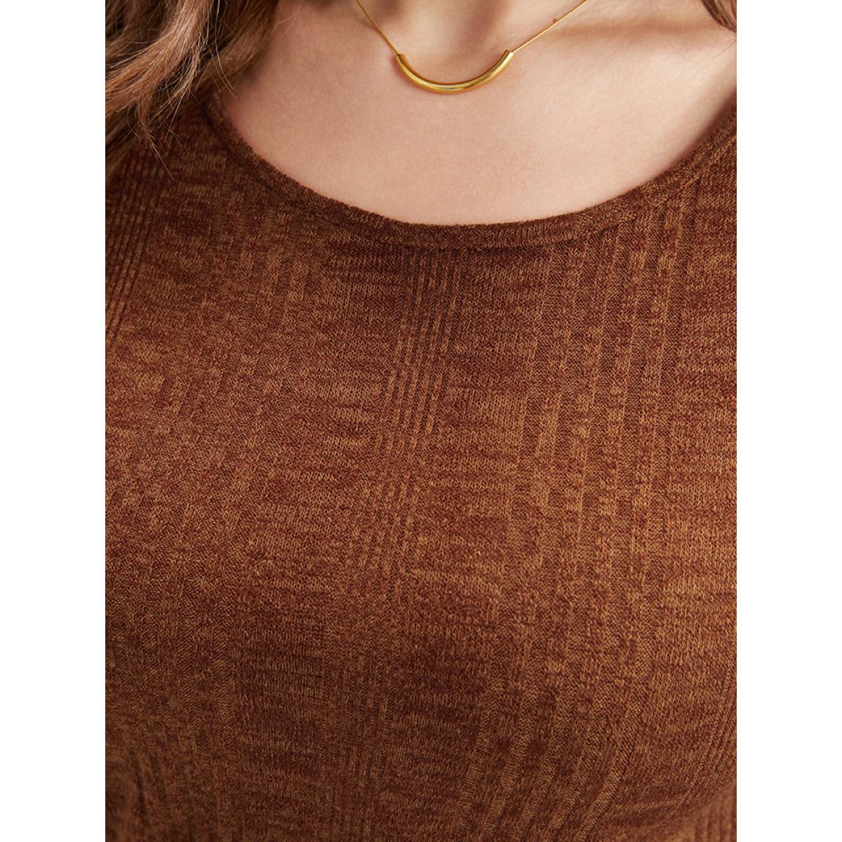 Plus Size Solid Round Neck Pocket Rib Knit Dress Without Belt Chocolate Women Elegant Elastic Waist Round Neck Long Sleeve Curvy Midi Dress BloomChic 14-16/1X Product Image