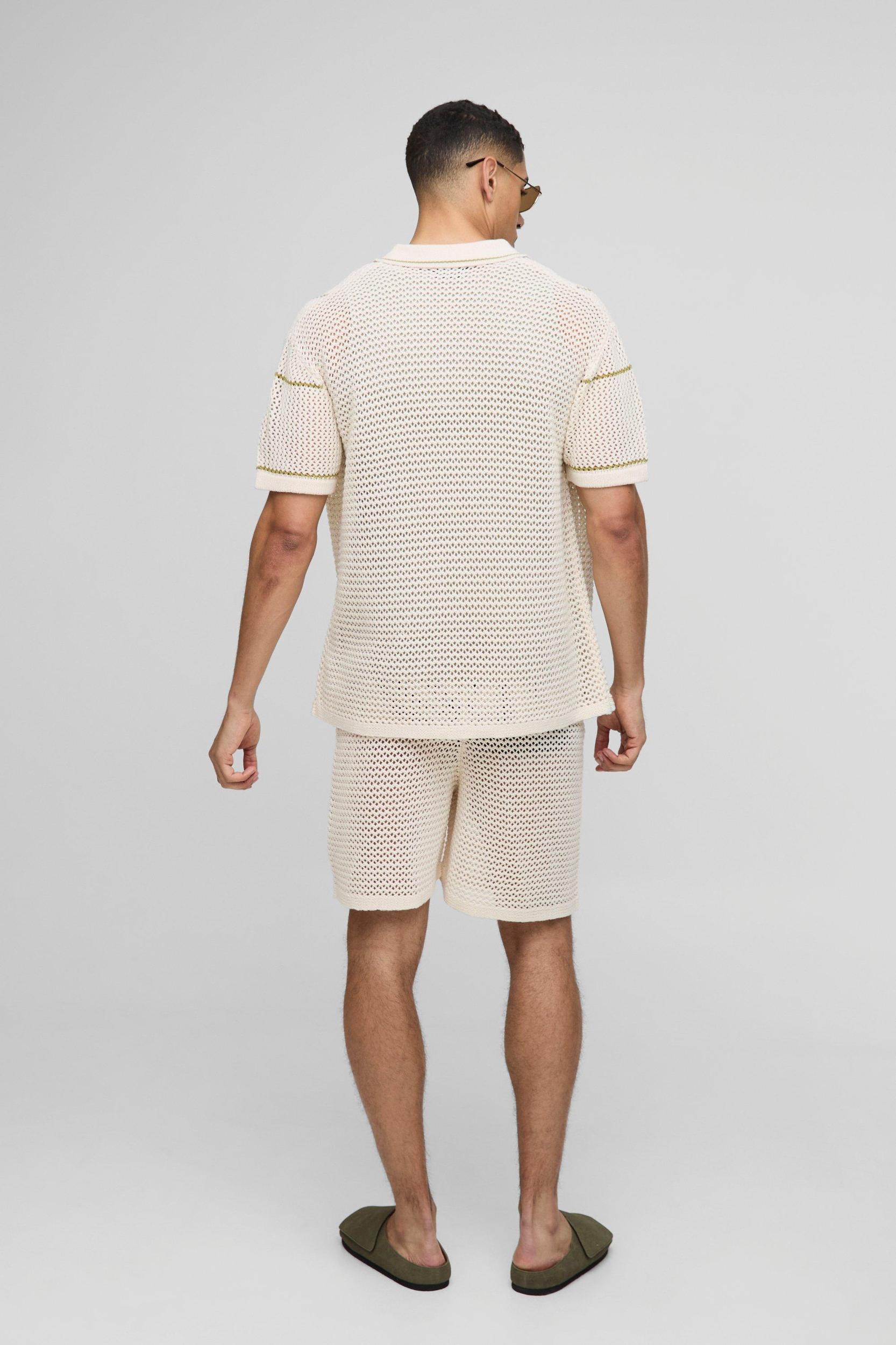 Regular Fit Open Stitch Stripe Button Through Knitted Shirt Set | boohooMAN USA Product Image