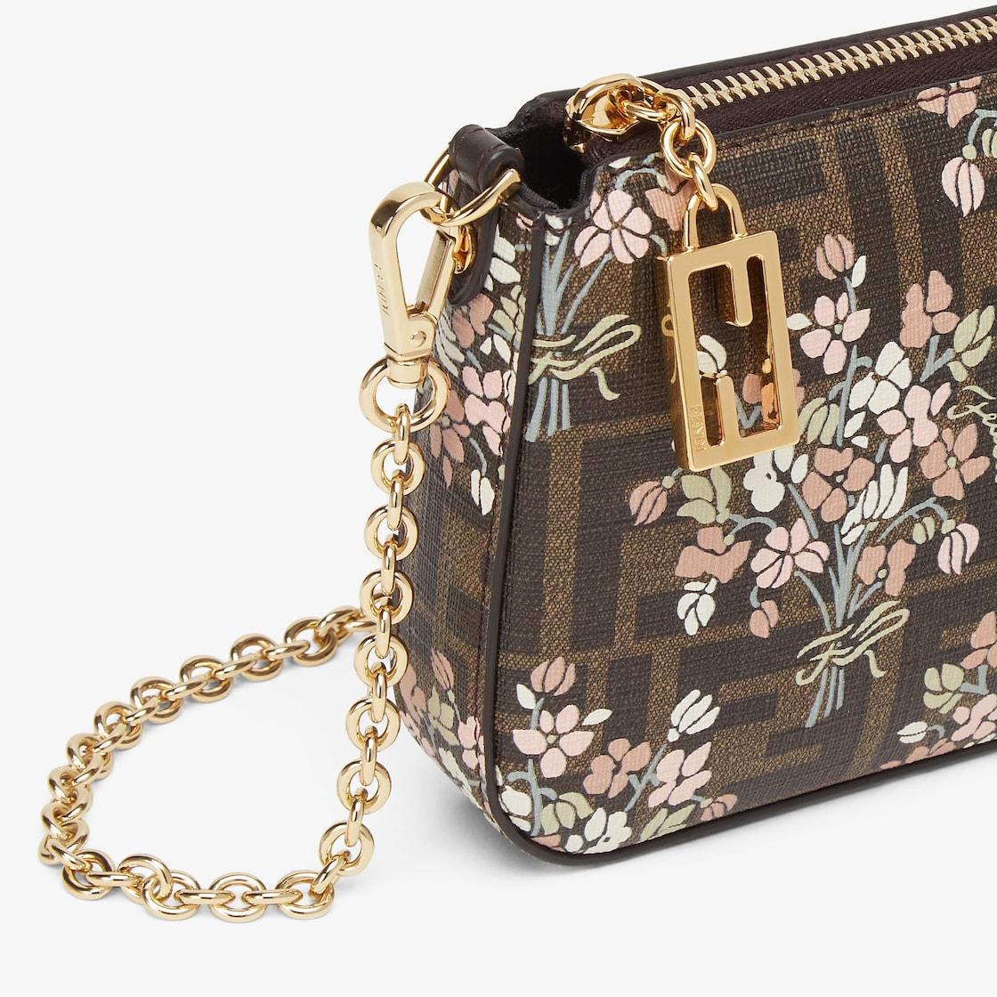 Baguette PouchFendi Flower Bouquet brown FF fabric pouch with chain Product Image