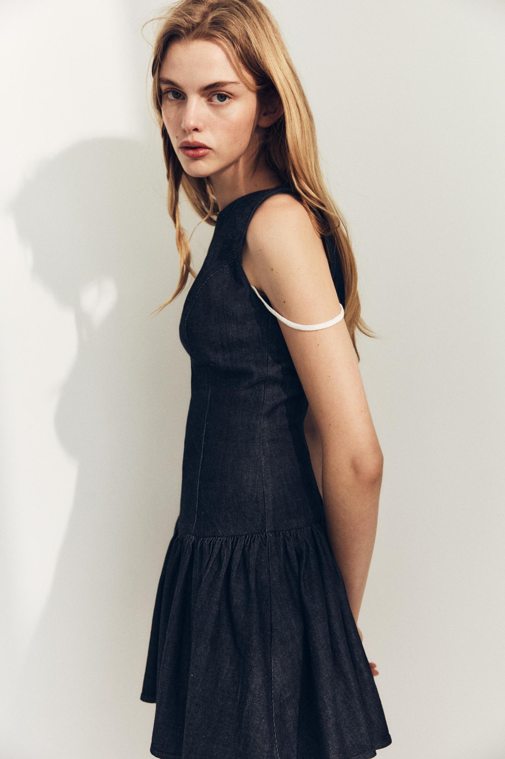 DENIM EFFECT RUFFLE MINI DRESS Product Image