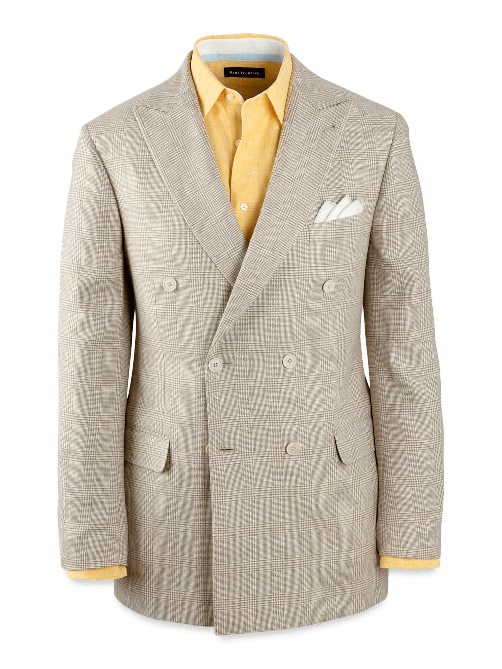 Linen Blend Plaid Double Breasted Peak Lapel Suit Jacket - Tan Product Image