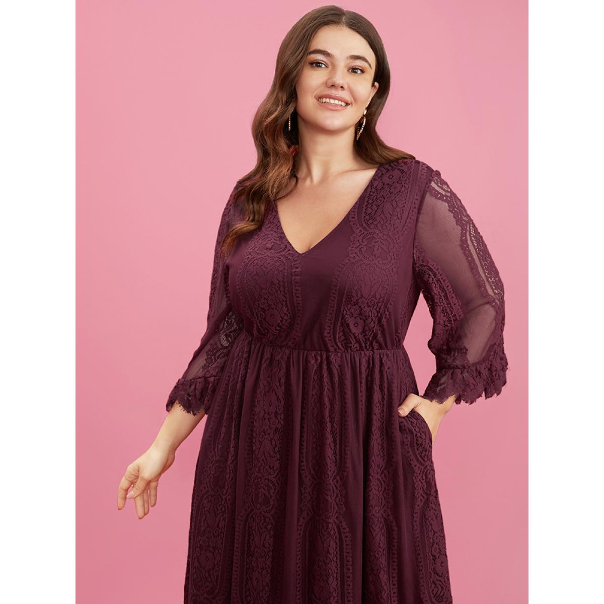 Plus Size Floral V Neck Pocket Contrast Lace Mesh Ruffles Dress Scarlet Women Glamour See through V-neck Elbow-length sleeve Curvy Midi Dress BloomChic 30/6X Product Image
