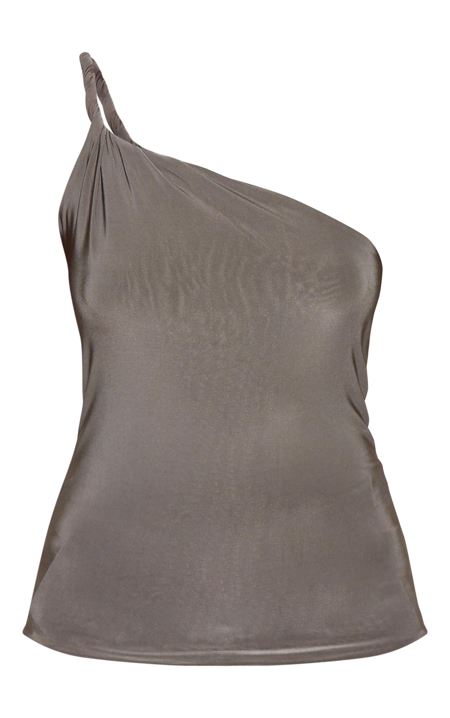  Mushroom Double Layer Slinky Twist Detail One Shoulder Long Top Product Image