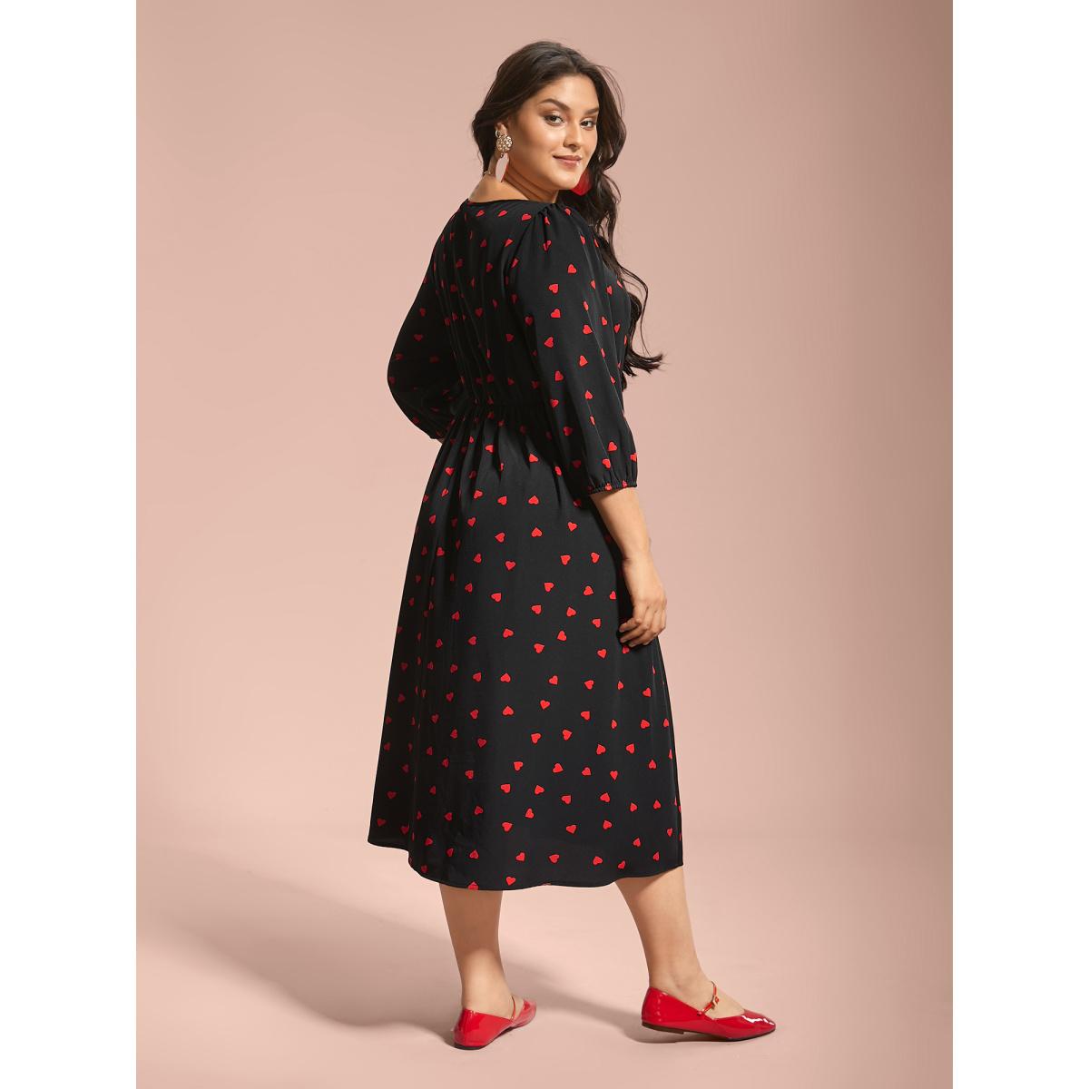Plus Size Sweetheart Neckline Side Slit Midi Dress Black Women Elegant Gathered Heart neckline Elbow-length sleeve Curvy BloomChic 12/L Product Image