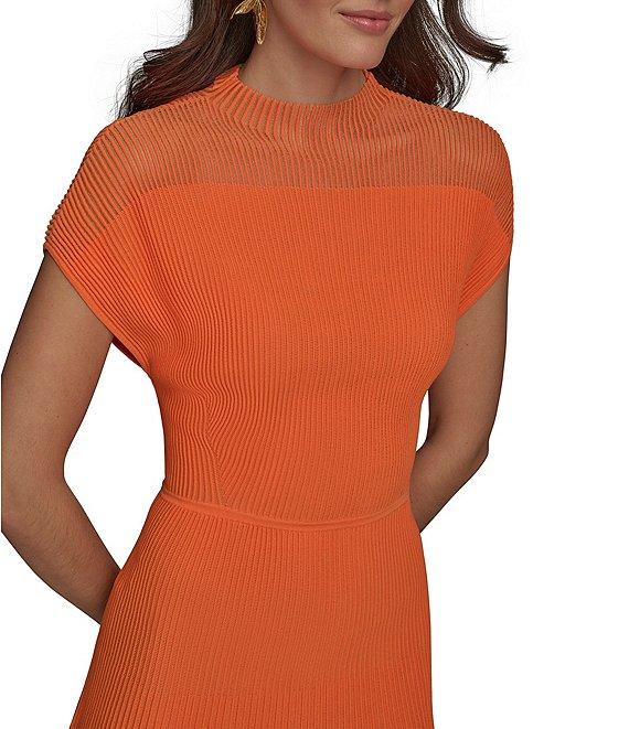 Donna Karan Mock Neck Short Sleeve Ribbed Knit Midi Dress Product Image