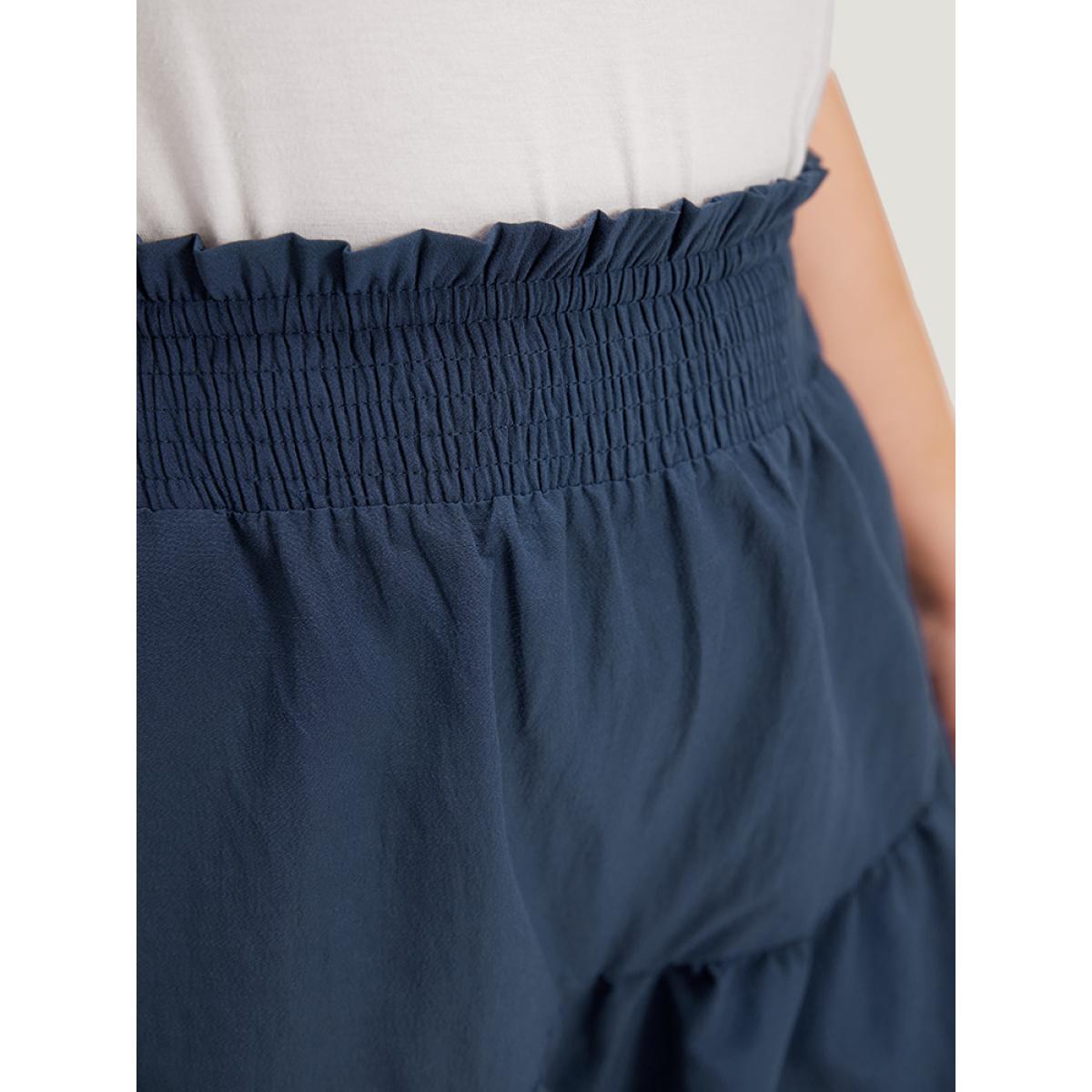 Plus Size Solid Paperbag Waist Shirred Layered Hem Shorts Women Indigo Casual Plain Dailywear Shorts BloomChic 30/6X Product Image