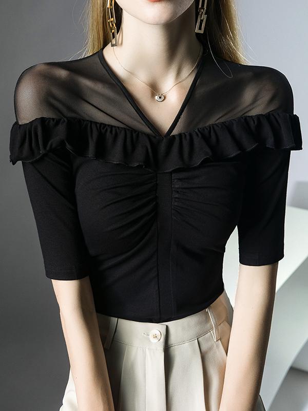 Half Sleeves Skinny Pleated Ruffle Trim Solid Color Split-Joint V-Neck T-Shirts Tops Product Image
