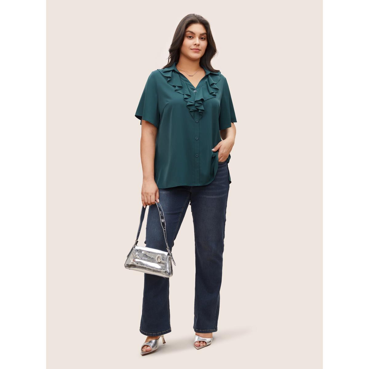 Plus Size Cyan Solid Button Detail Ruffle Trim Blouse Women At the Office Short sleeve Shirt collar Office Blouses BloomChic 14-16/1X Product Image