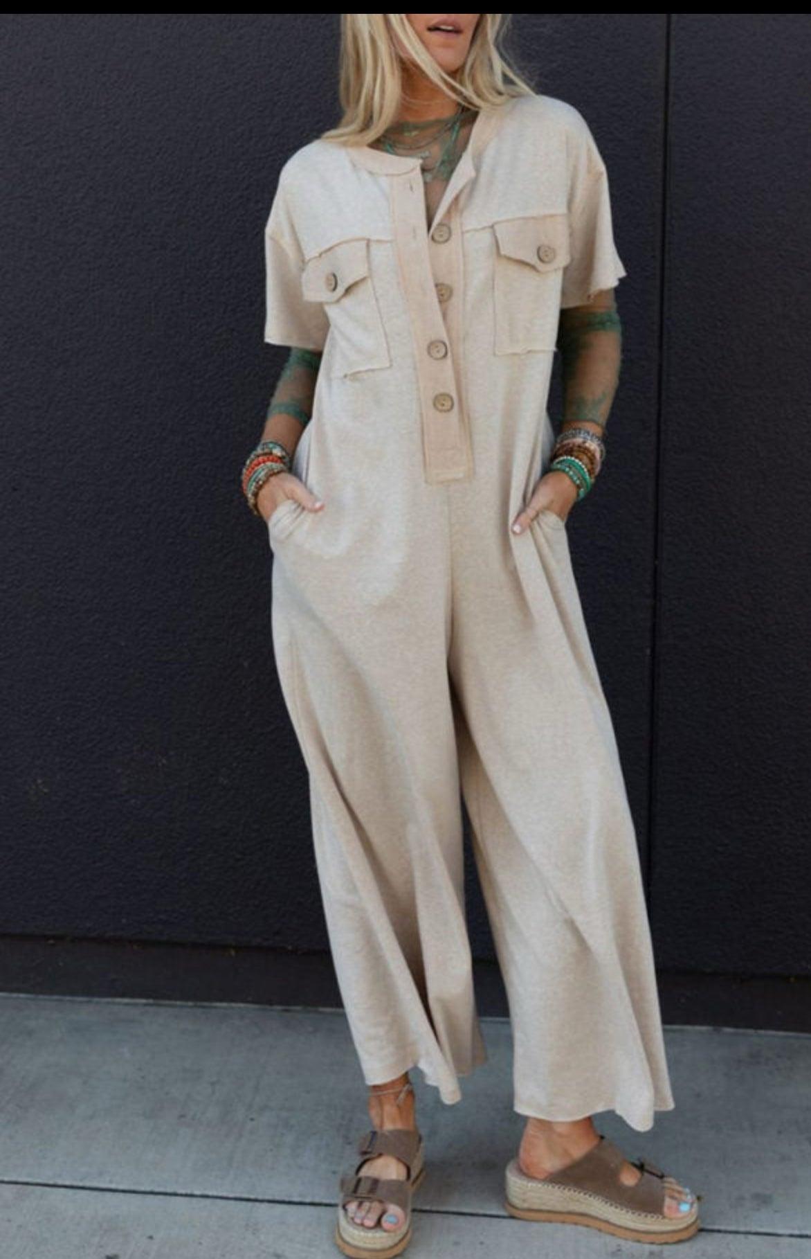Preorder Short Sleeve Wide Leg Jumpsuit- Beige Product Image