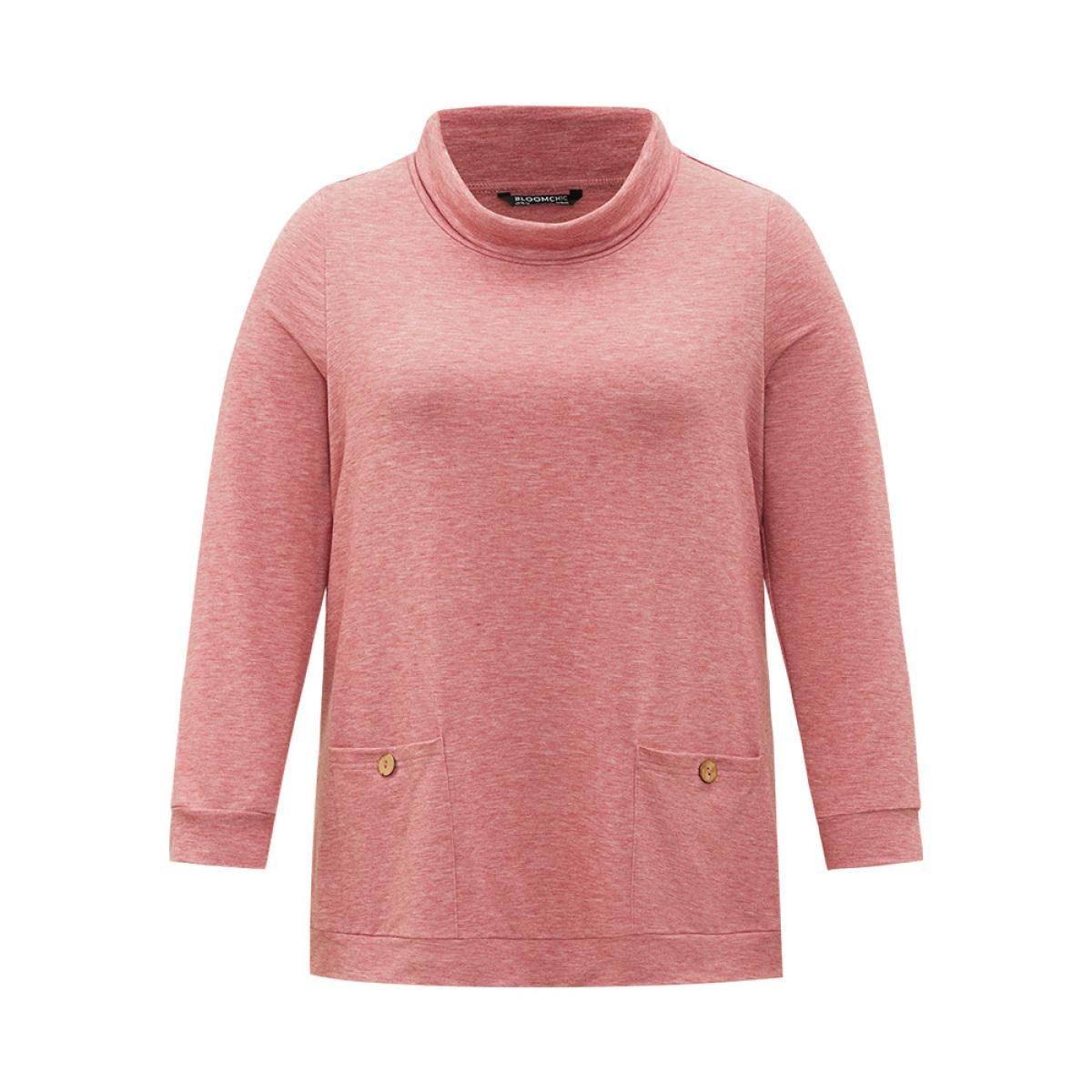 Plus Size Plain Heather Turtleneck Pocket Button Detail Sweatshirt Women Russet Casual Printed Turtleneck Dailywear Sweatshirts BloomChic 22-24/3X Product Image
