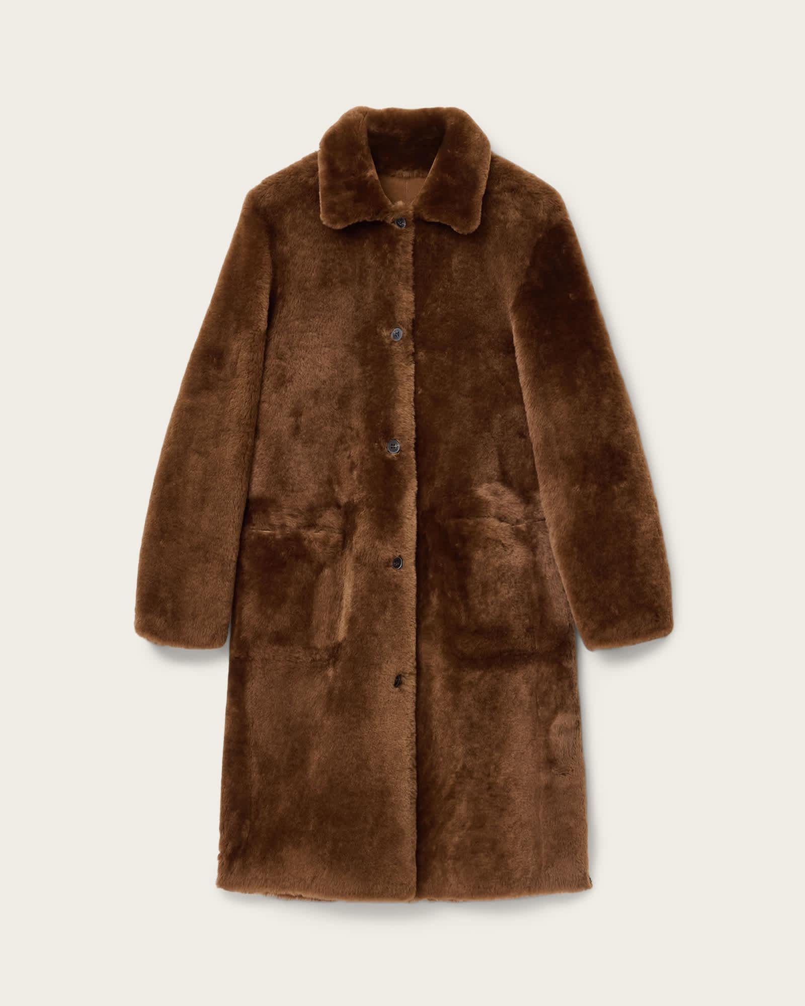 Serra Reversible Shearling Coat CONKER BROWN | ALLSAINTS US Product Image