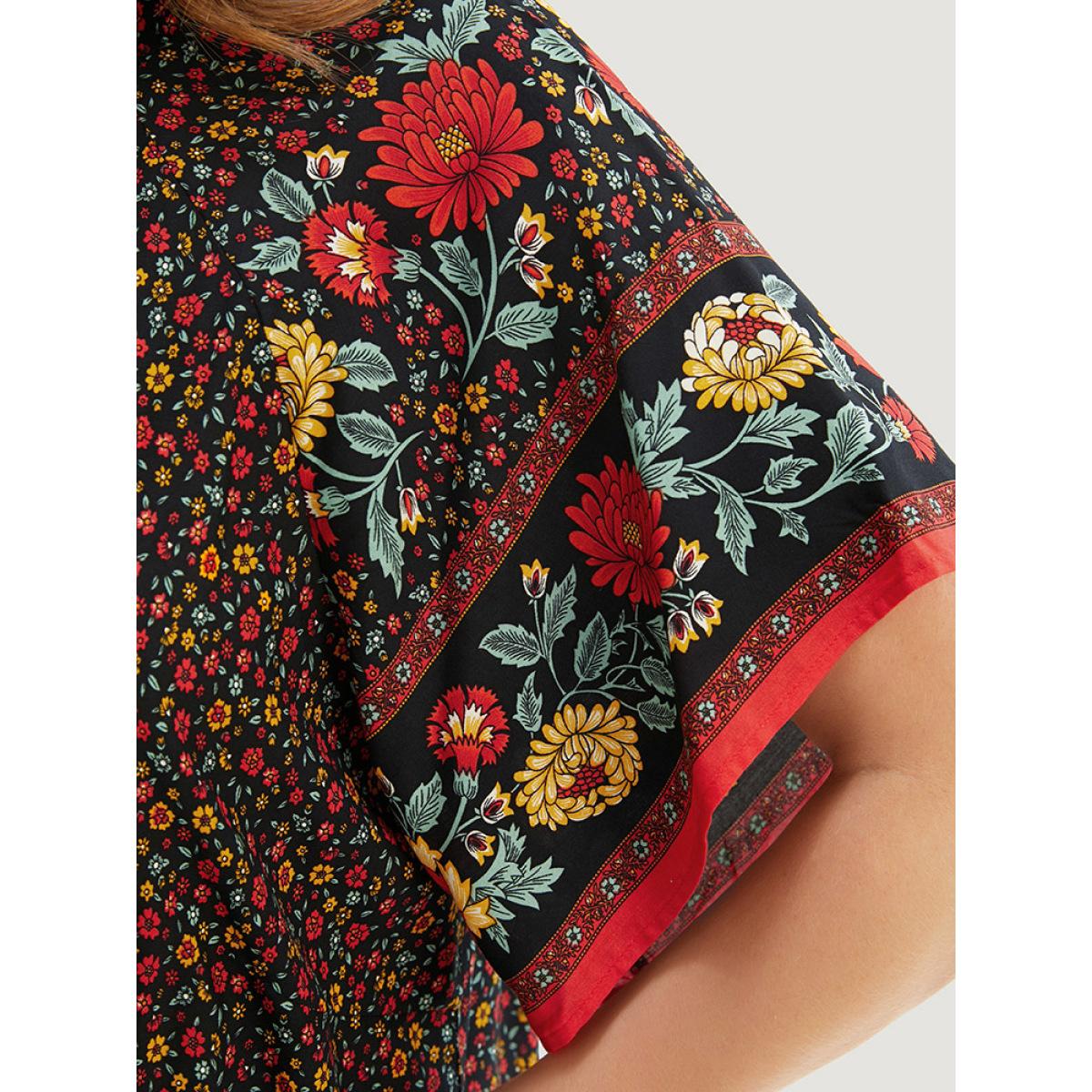 Plus Size Black Ditsy Floral Tie Neck Ruffles Raglan Sleeve Blouse Women Vacation Short sleeve V-neck Dailywear Blouses BloomChic 28/5X Product Image