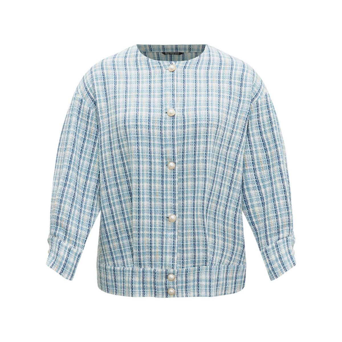 Plus Size Gingham Buckle Detail Button Through Jacket Women LightBlue Button Everyday Jackets BloomChic 26/4X Product Image