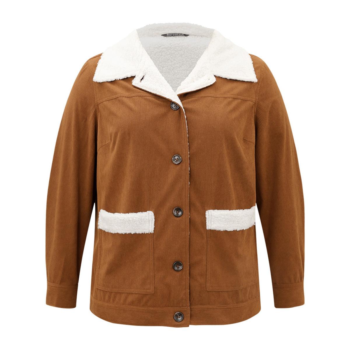 Plus Size Corduroy Lapel Collar Fuzzy Patchwork Button Fly Coat Women Maroon Casual Contrast Ladies Dailywear Winter Coats BloomChic 12/L Product Image