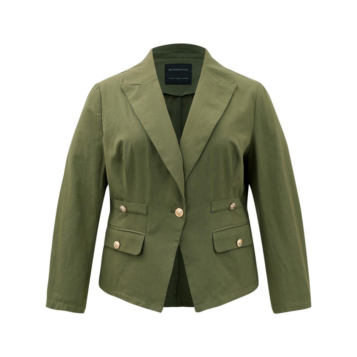 Plus Size Plain Suit Collar Buckle Detail Blazer ArmyGreen Women Office Plain Plain Sleeve Long Sleeve Suit Collar 10/M Office Blazers BloomChic Product Image