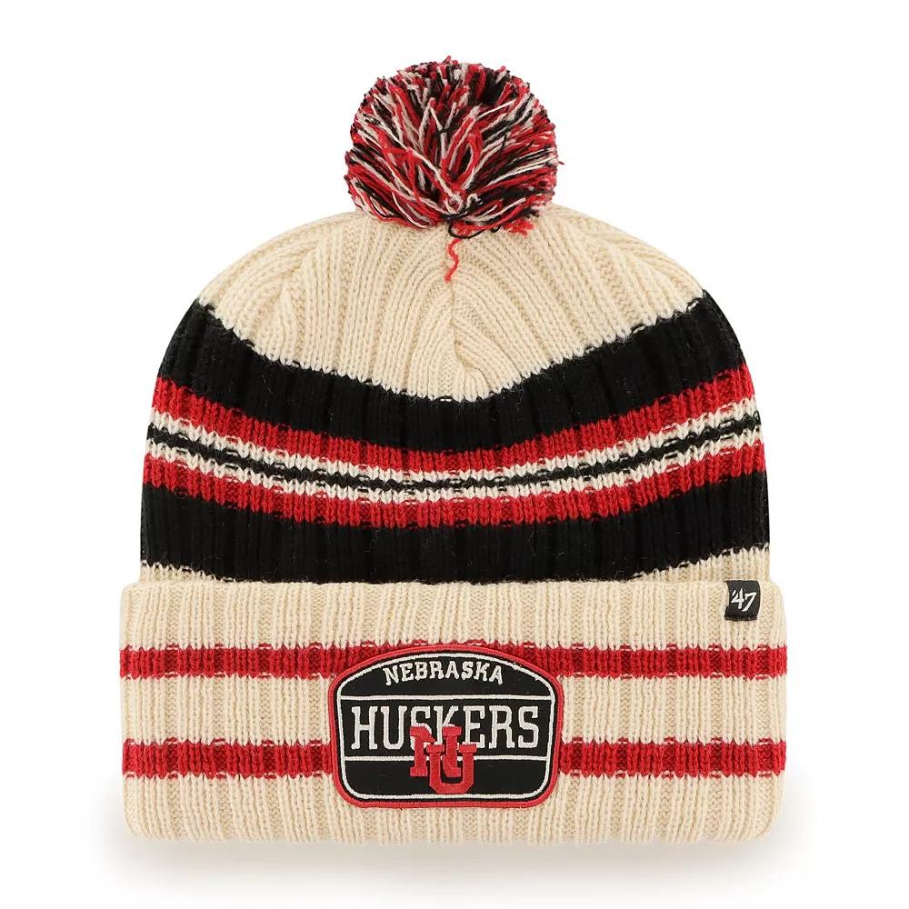 Men's '47 Natural Nebraska Huskers Hone Patch Cuffed Knit Hat with Pom, Beige Product Image