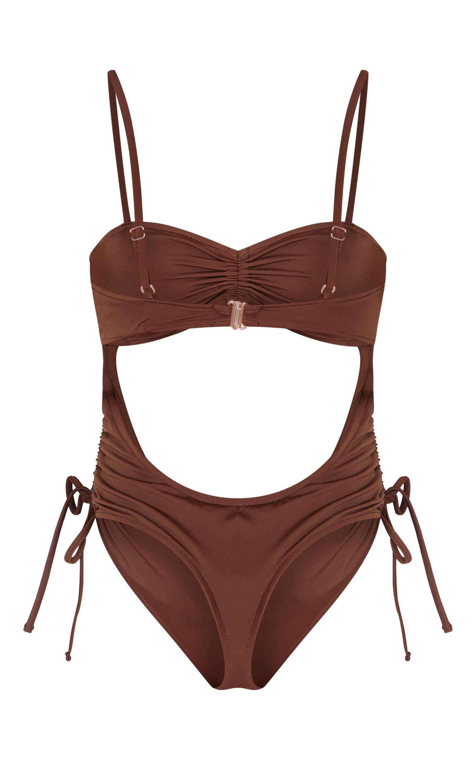 Chocolate Ruched Cut Out Halter Tie Swimsuit Product Image