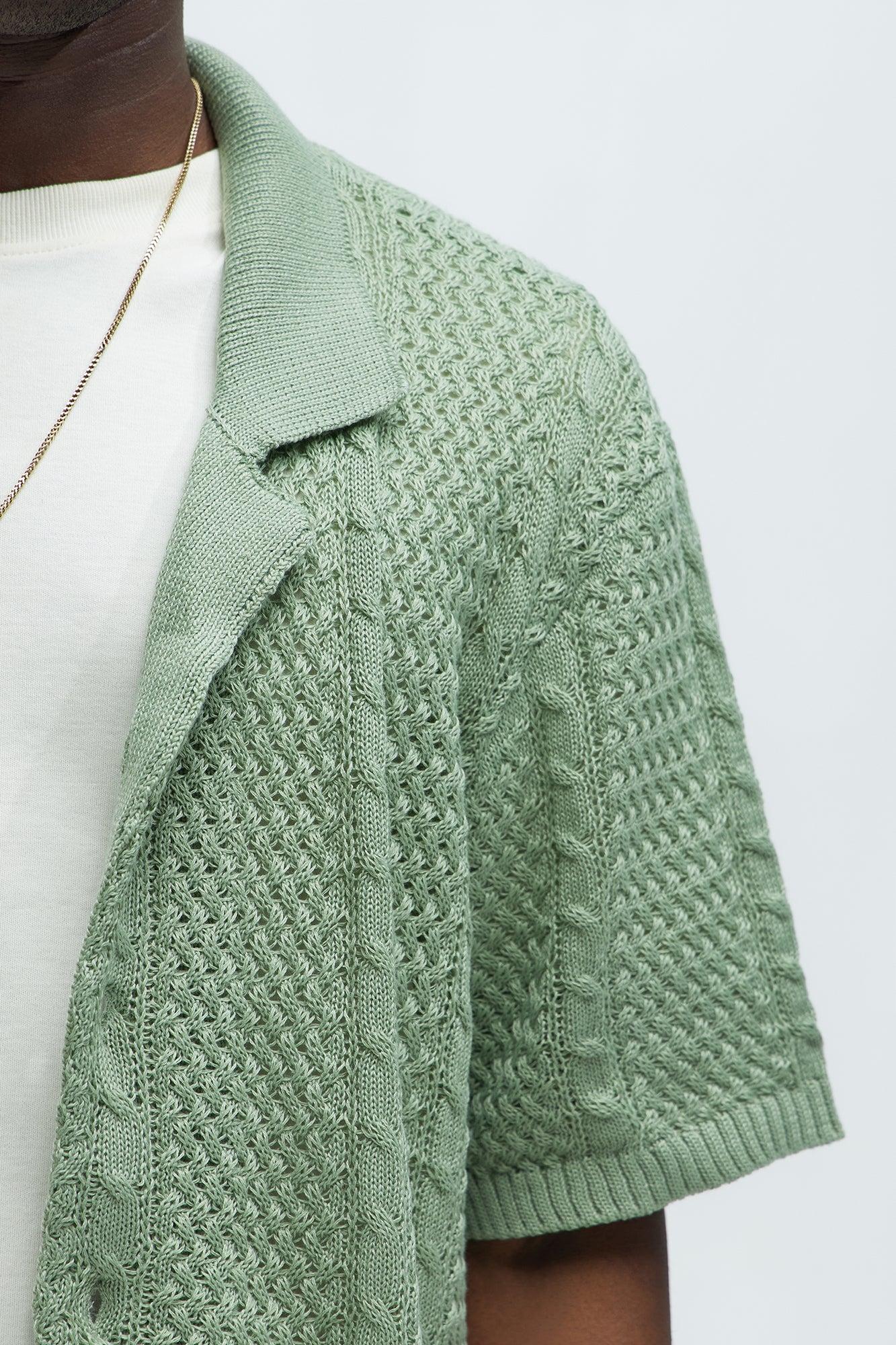 Unwind Cable Knit Short Sleeve Button Up - Sage Product Image