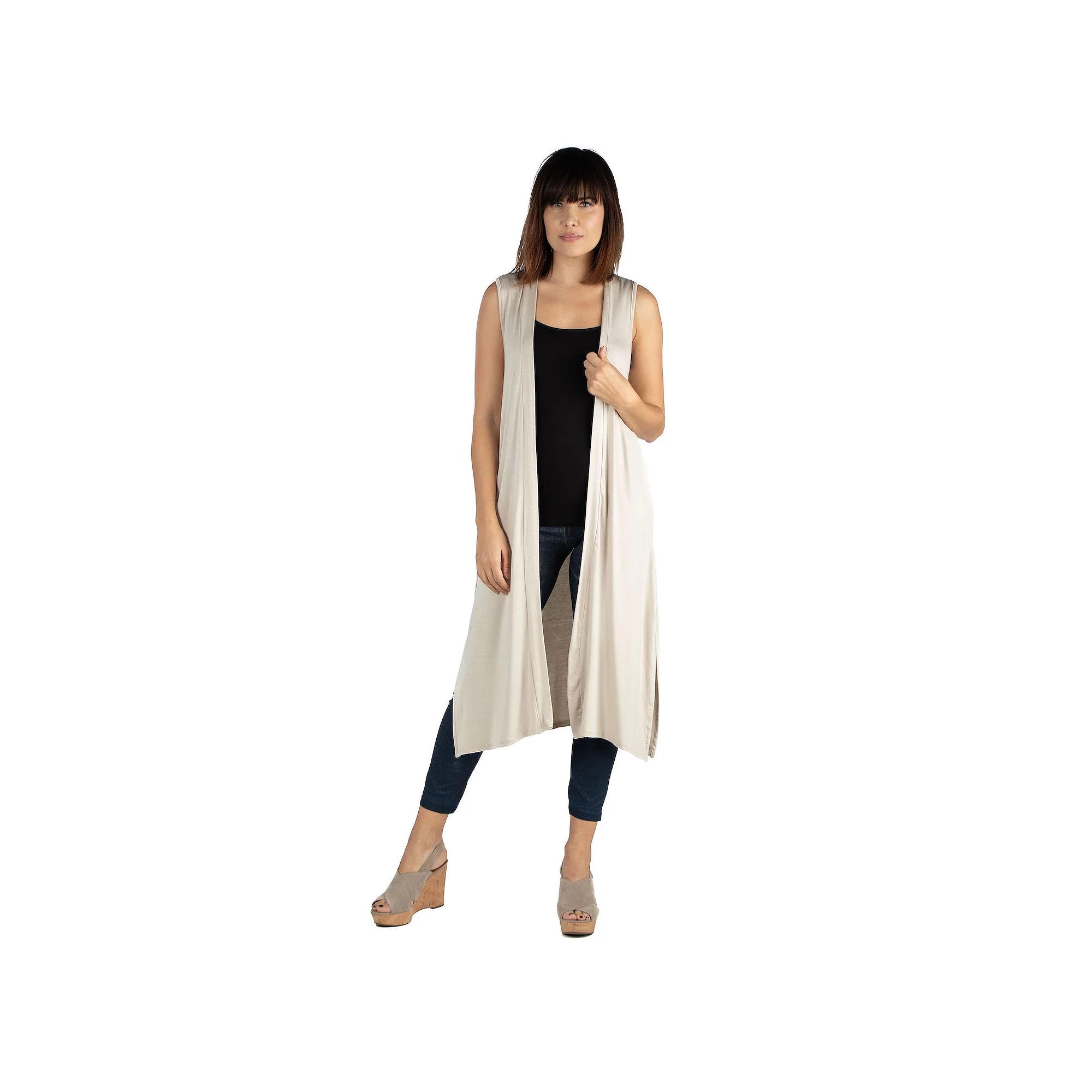 Women's 24Seven Comfort Apparel Sleeveless Long Cardigan Vest with Side Slit, Size: Large, Oatmeal Product Image