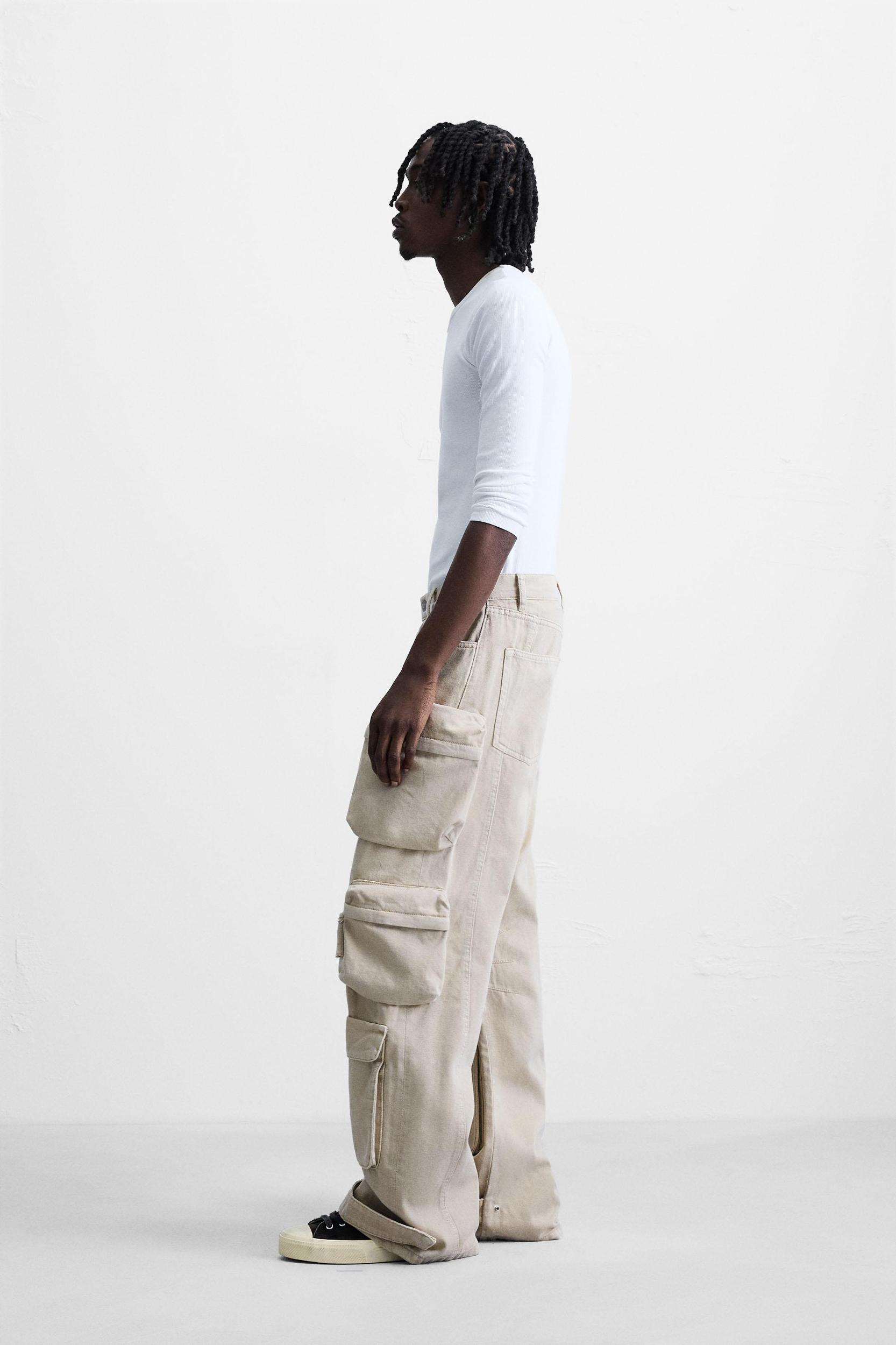 DENIM CARGO PANTS WITH POCKETS Product Image