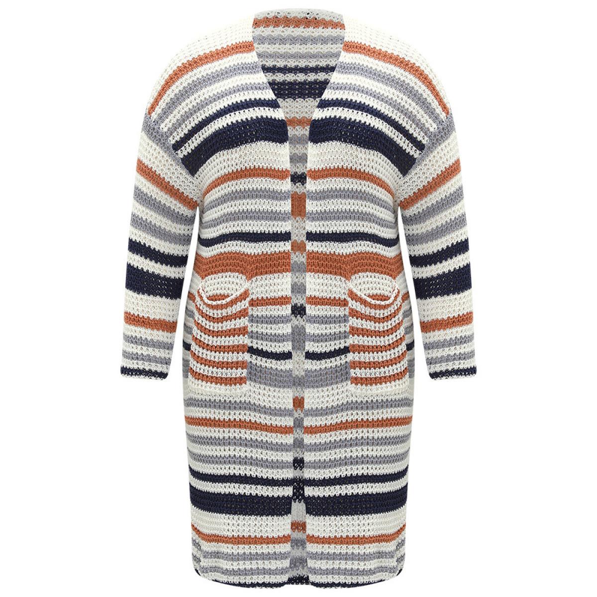 Plus Size Contrast Striped Patched Pocket Split Side Cardigan Multicolor Women Casual Loose Long Sleeve Dailywear Cardigans BloomChic 12/L Product Image