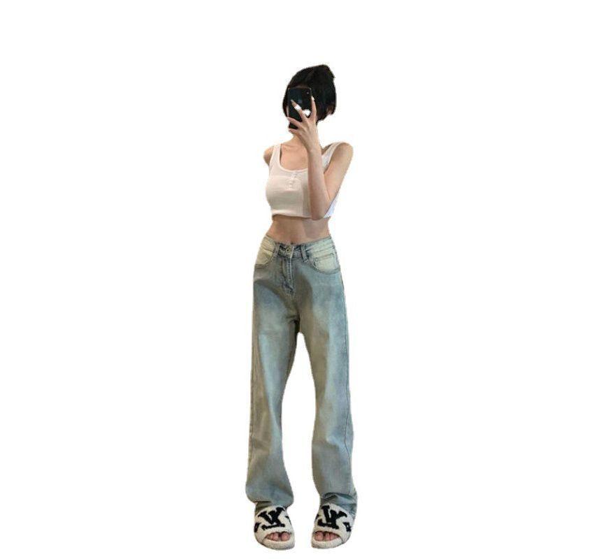 Mid Waist Washed Loose Fit Jeans Product Image