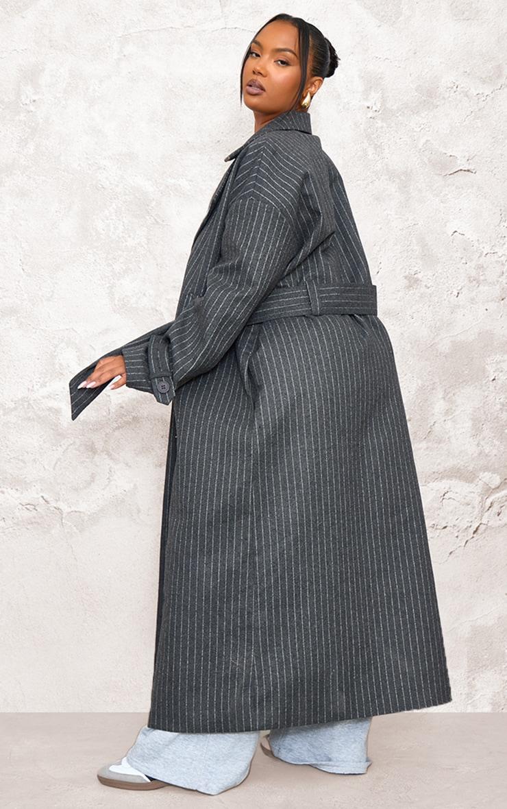 Plus Charcoal Pinstripe Wool Look Double Breasted Belted Coat Product Image