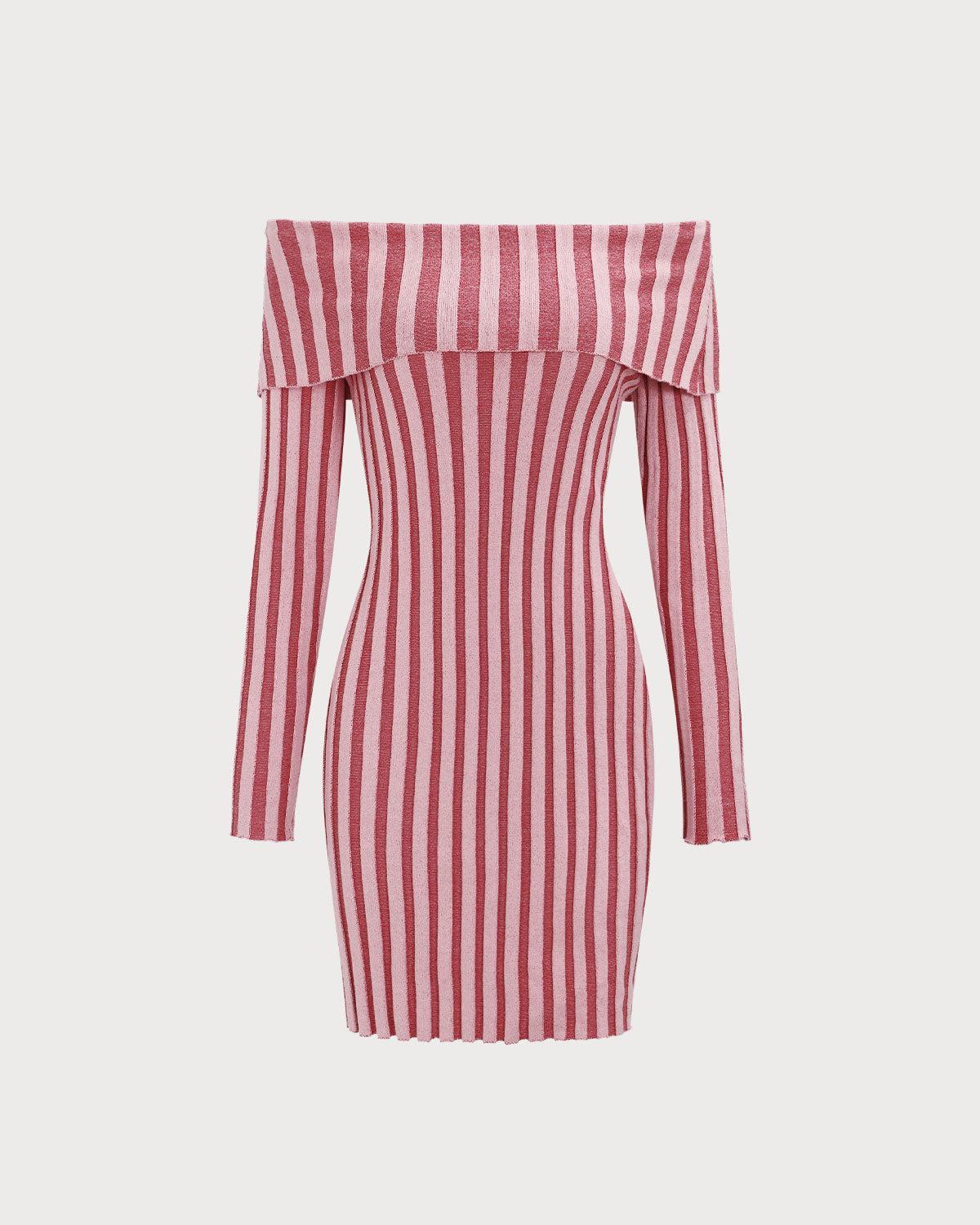 Pink Striped Off The Shoulder Bodycon Sweater Dress Product Image
