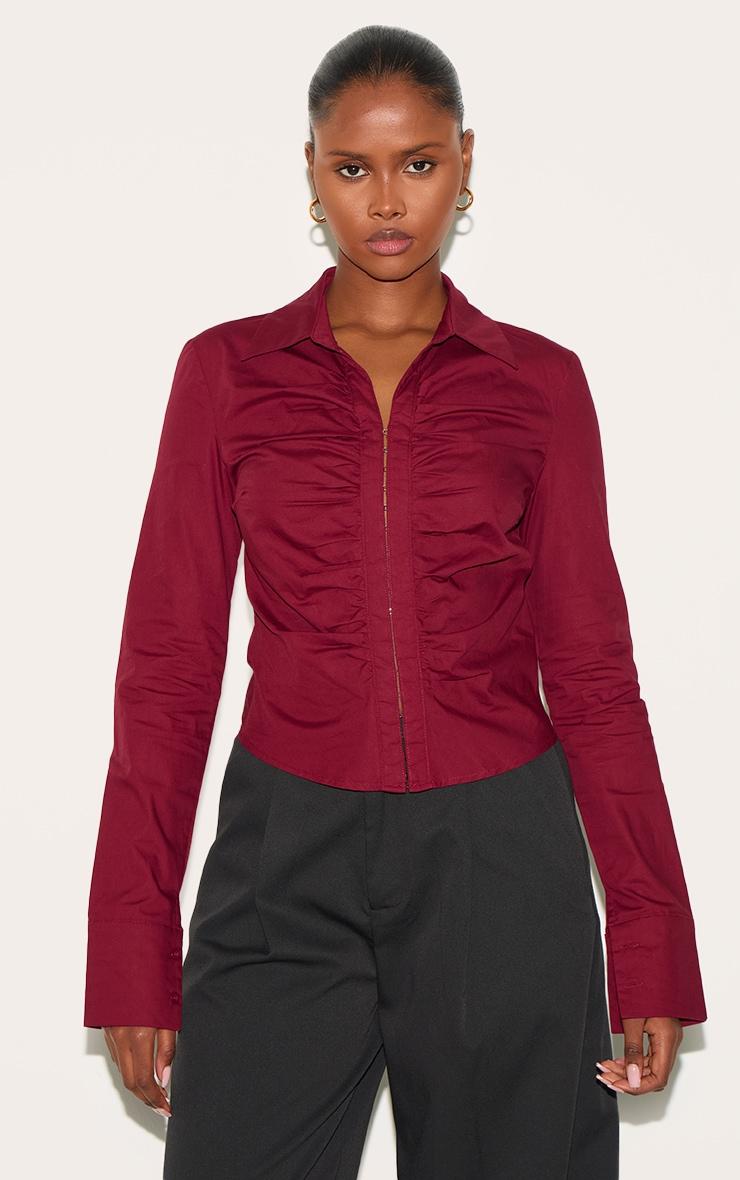 Plum Hook And Eye Ruched Fitted Shirt Product Image