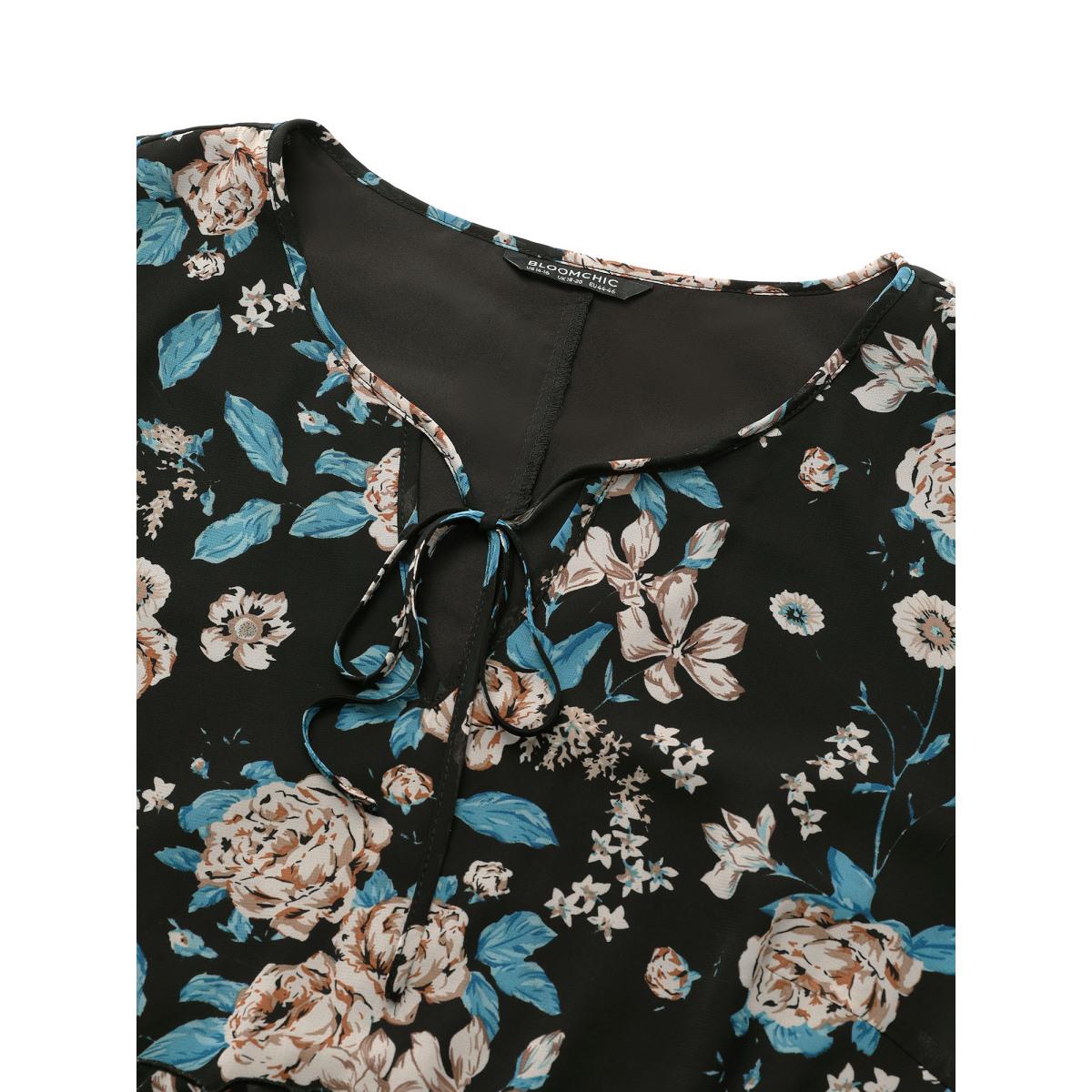 Plus Size BlackFlower Chiffon Floral Print Ties Flutter Trim Blouse Women Elegant Long Sleeve Tie Neck Work Blouses BloomChic 30/6X Product Image