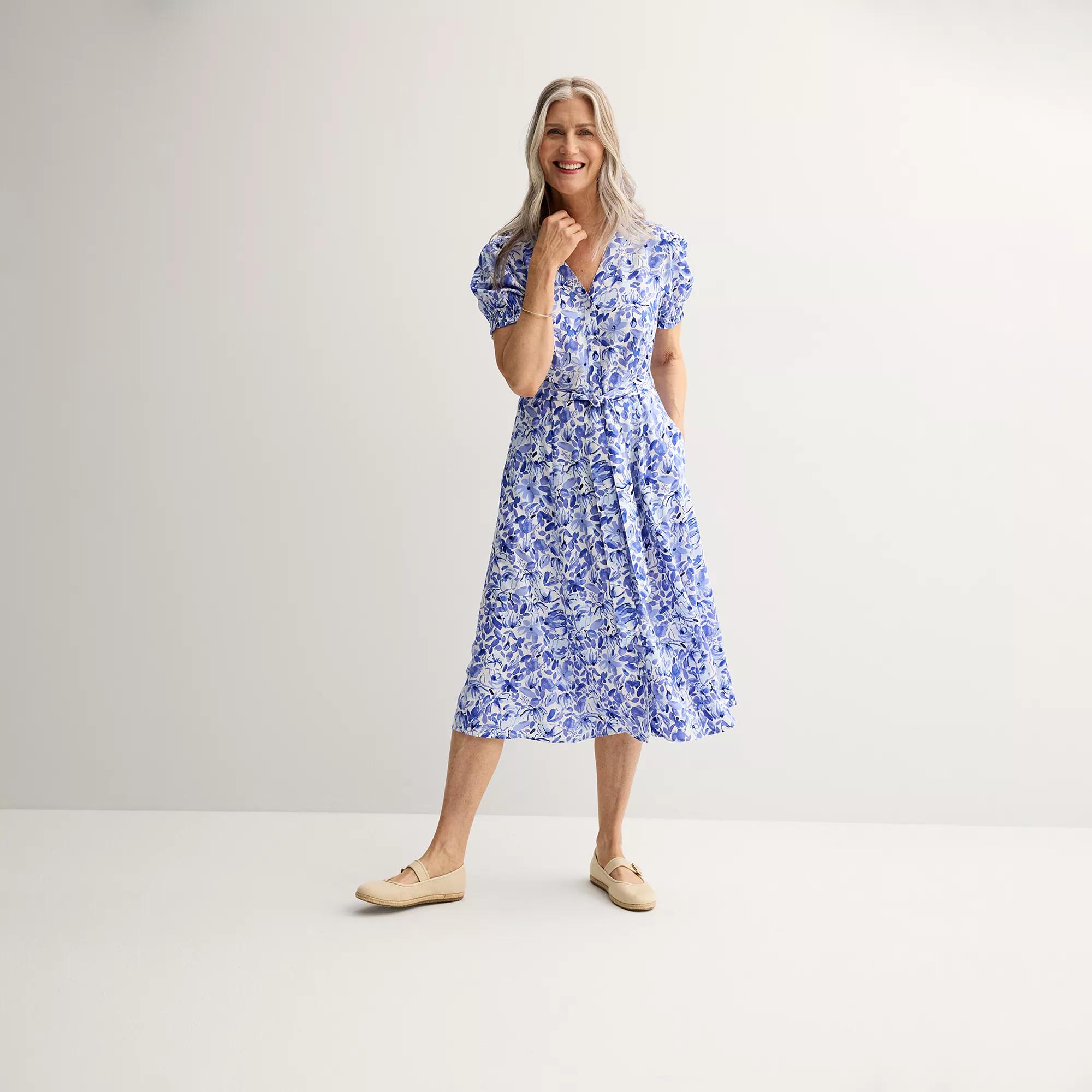 Petite Croft & Barrow® Button Front V-Neck Dress, Women's, Size: Small Petite, Blue Posy Floral Product Image