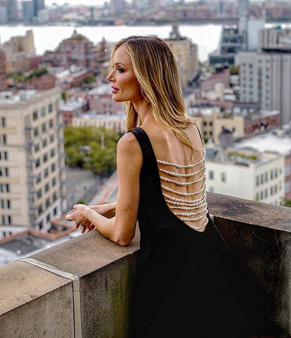 Muse by Marchesa Odessa Velvet Open Jeweled Back Boat Neck Sleeveless Bodycon Flounce Full Length Small Scale Train Gown Product Image