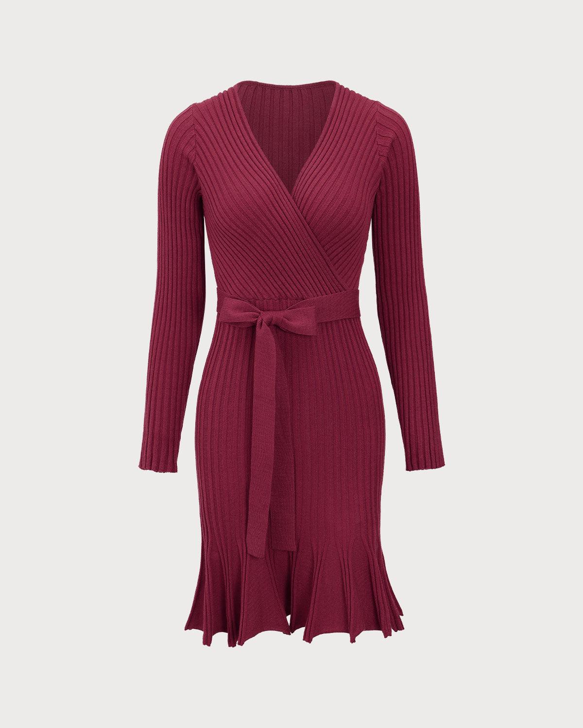 Wine Red Wrap Sweater Mini Dress Product Image