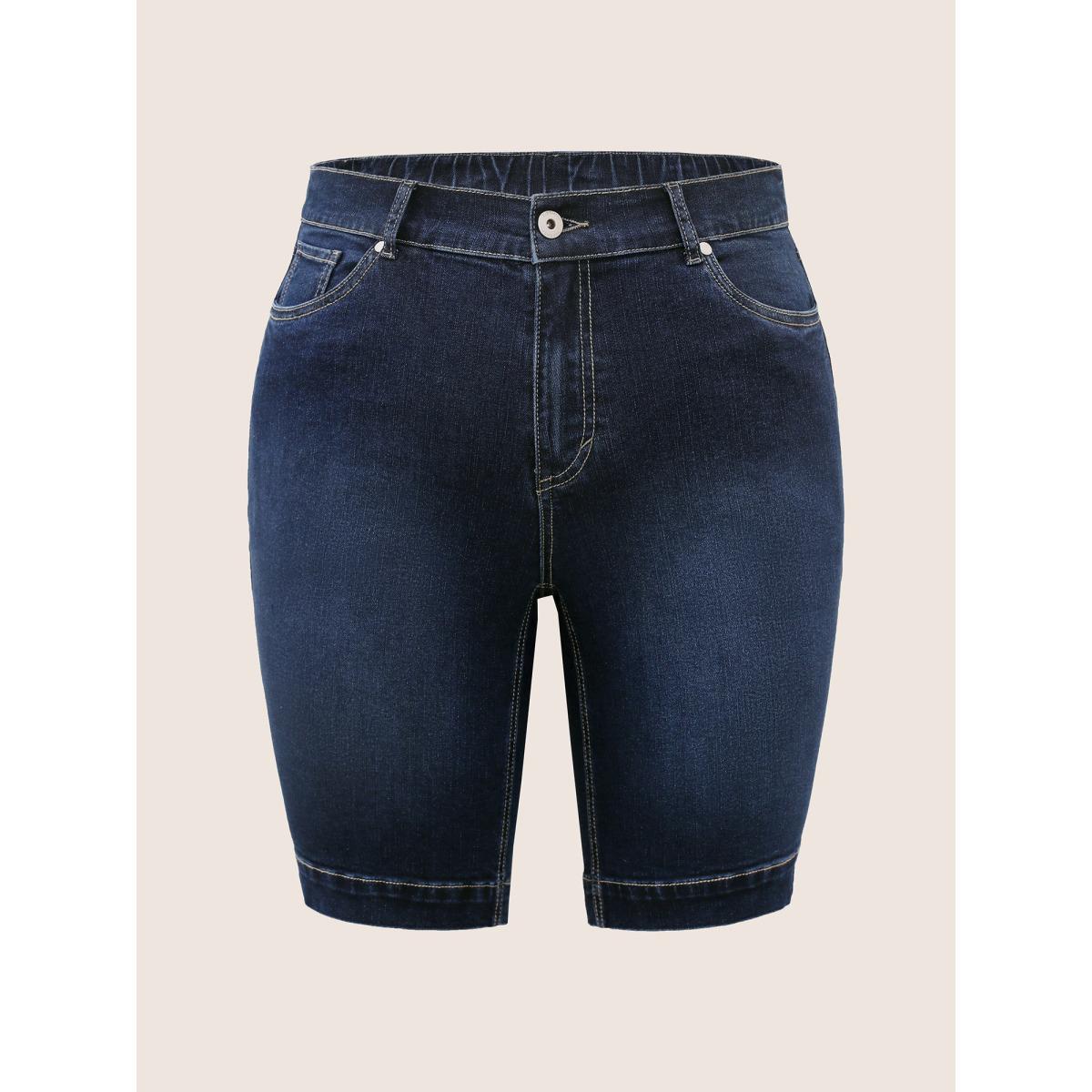 Plus Size Dark Wash Split Hem Quilted Denim Shorts Women Denimindigo Topstitching High stretch Everyday Slanted pocket Casual Denim Shorts BloomChic 10/M Product Image