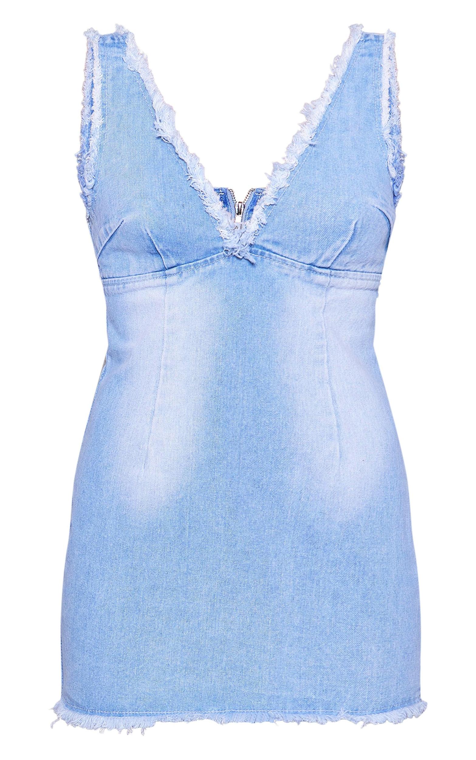 Blue Raw Edge Detail Plunge Denim Mini Dress Product Image