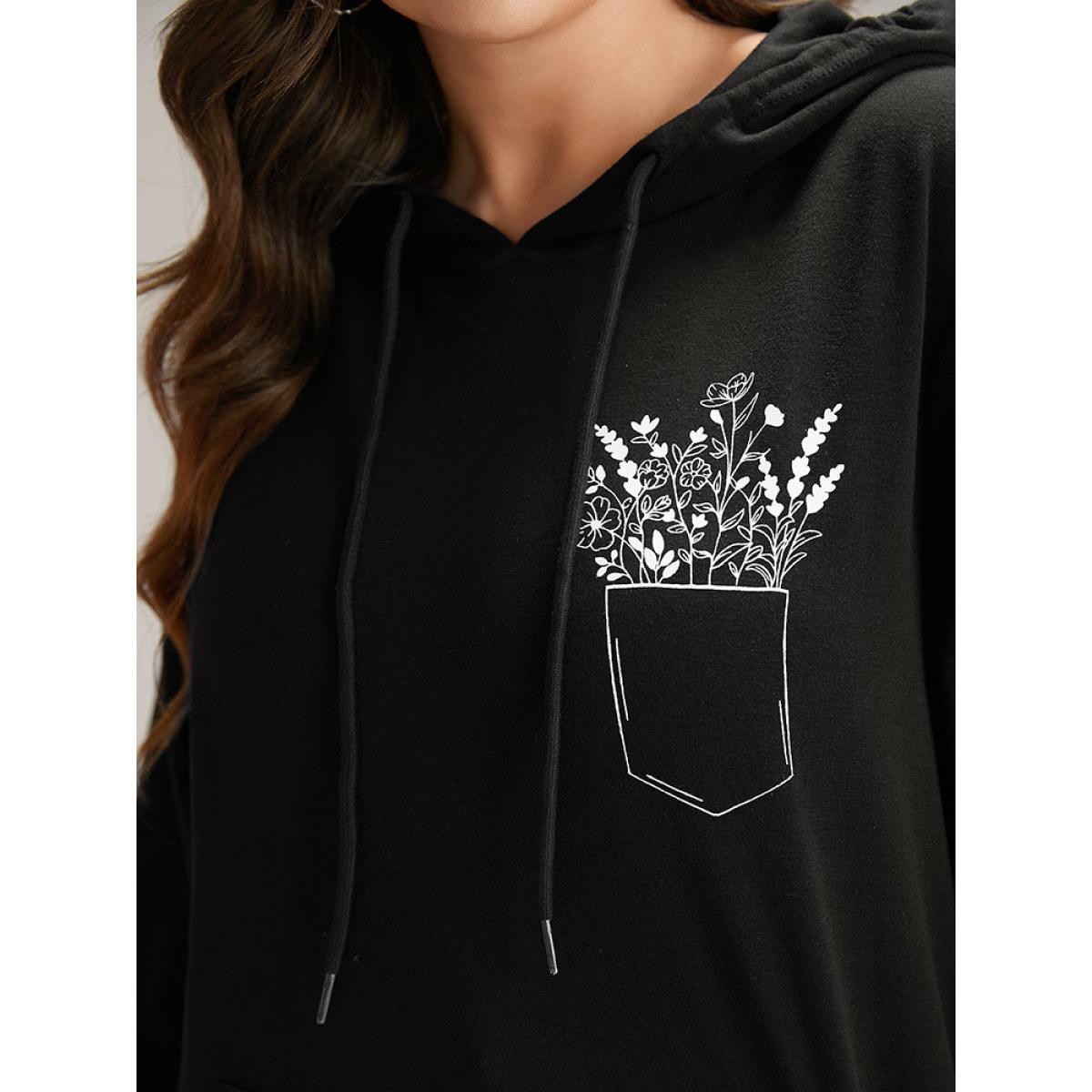 Plus Size Floral Print Pocket Hooded Drawstring Sweatshirt Women Black Casual Elastic cuffs Dailywear Sweatshirts BloomChic 14-16/1X Product Image