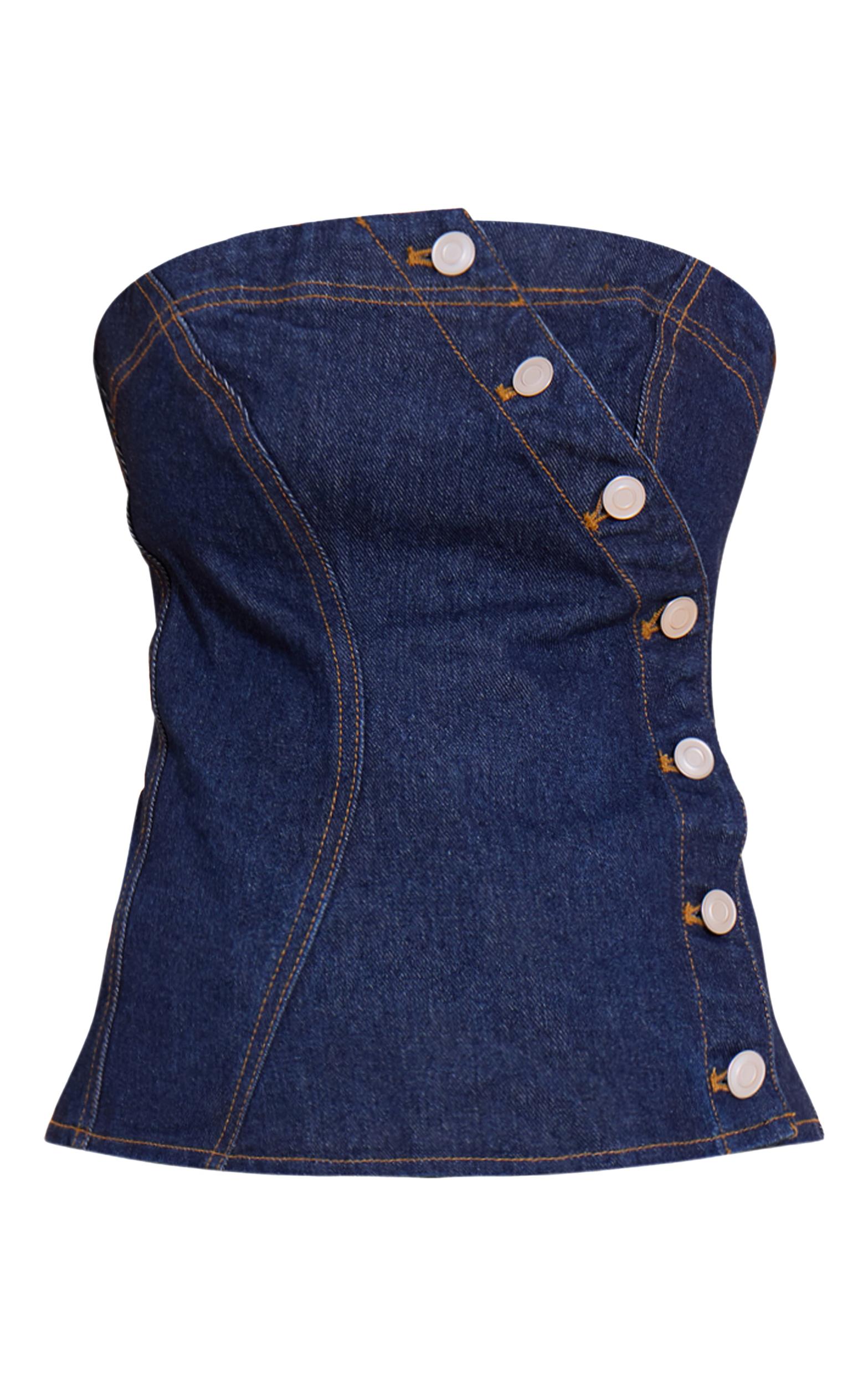 Petite Indigo Denim Asymmetric Button Bandeau Top Product Image